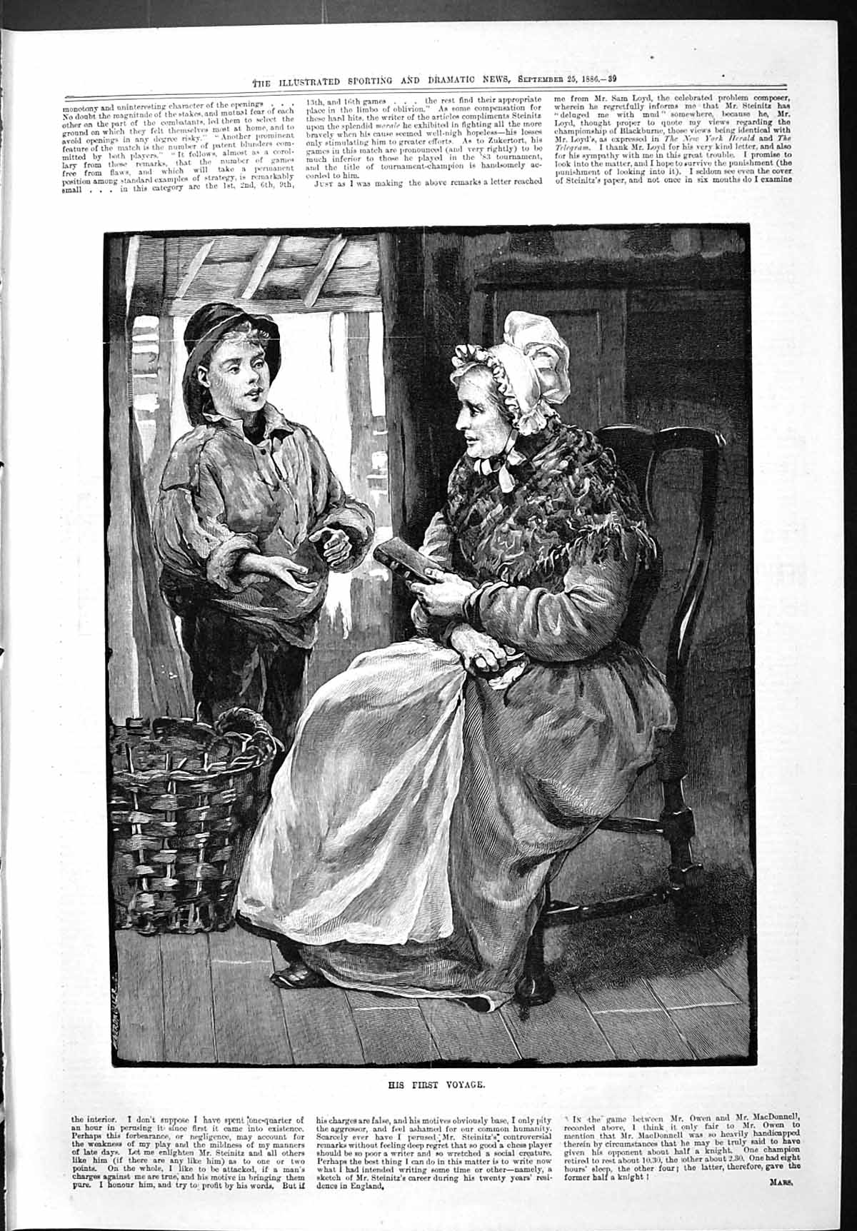 Antique Print Sporting Dramatic News 1886 First Voyage Lady Young Boy Book 19th