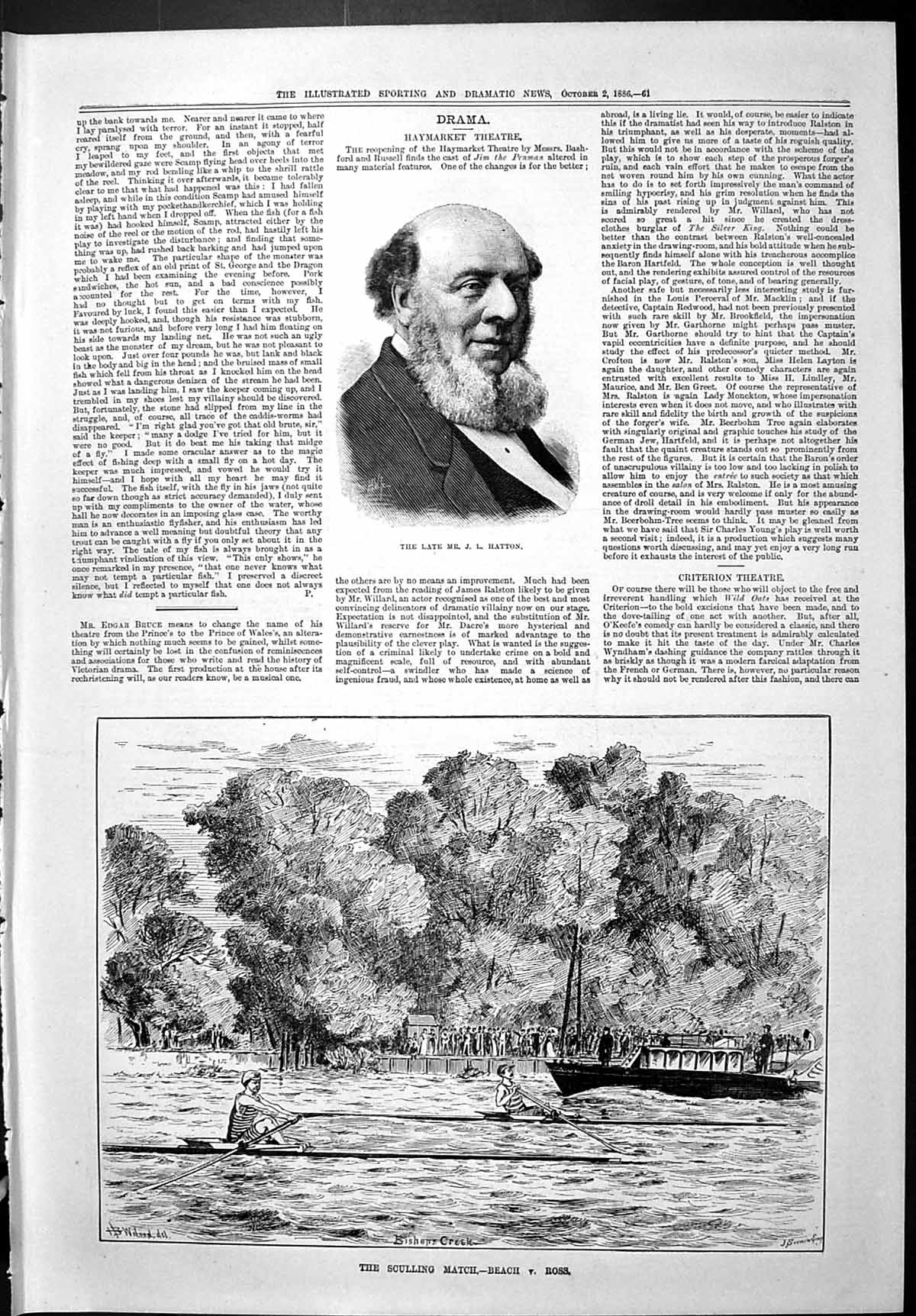 Old Sporting Dramatic News 1886 Hatton Sculling Match Beach Ross Bish Victorian