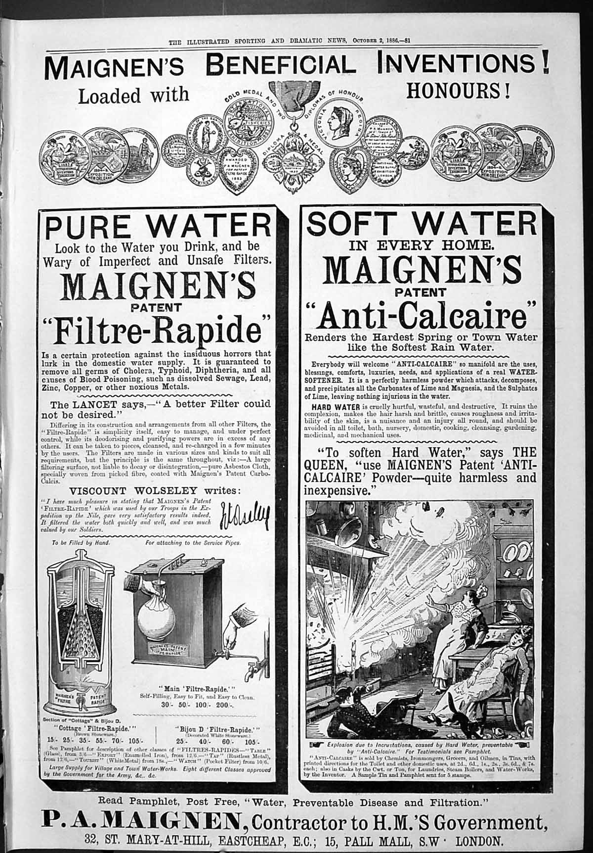 Antique Print Sporting Dramatic News 1886 Maignen Pure Water Anti-Calcaire 19th