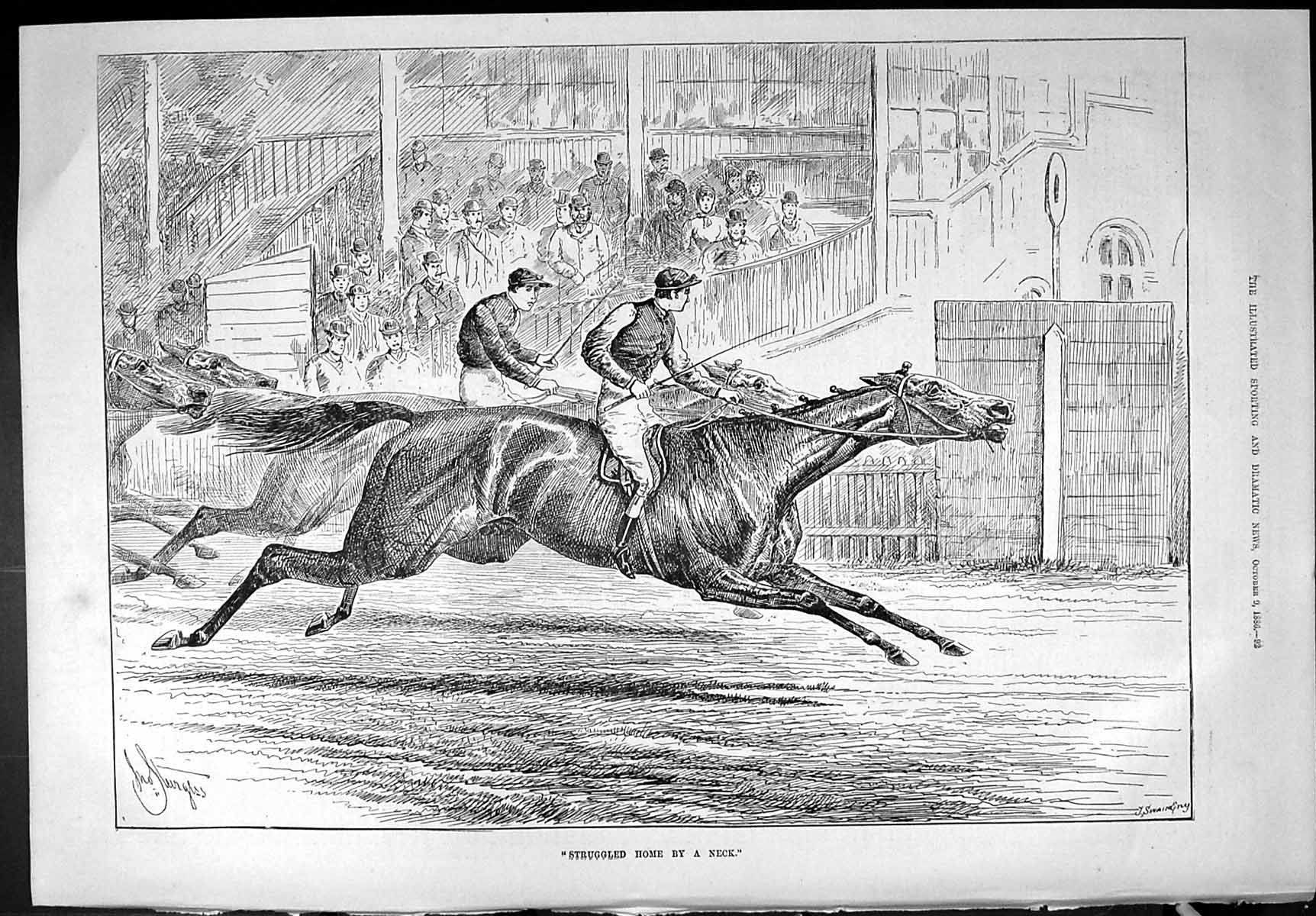 Old Print Sporting Dramatic News 1886 Horse Racing Sport Close Race Swain 19th