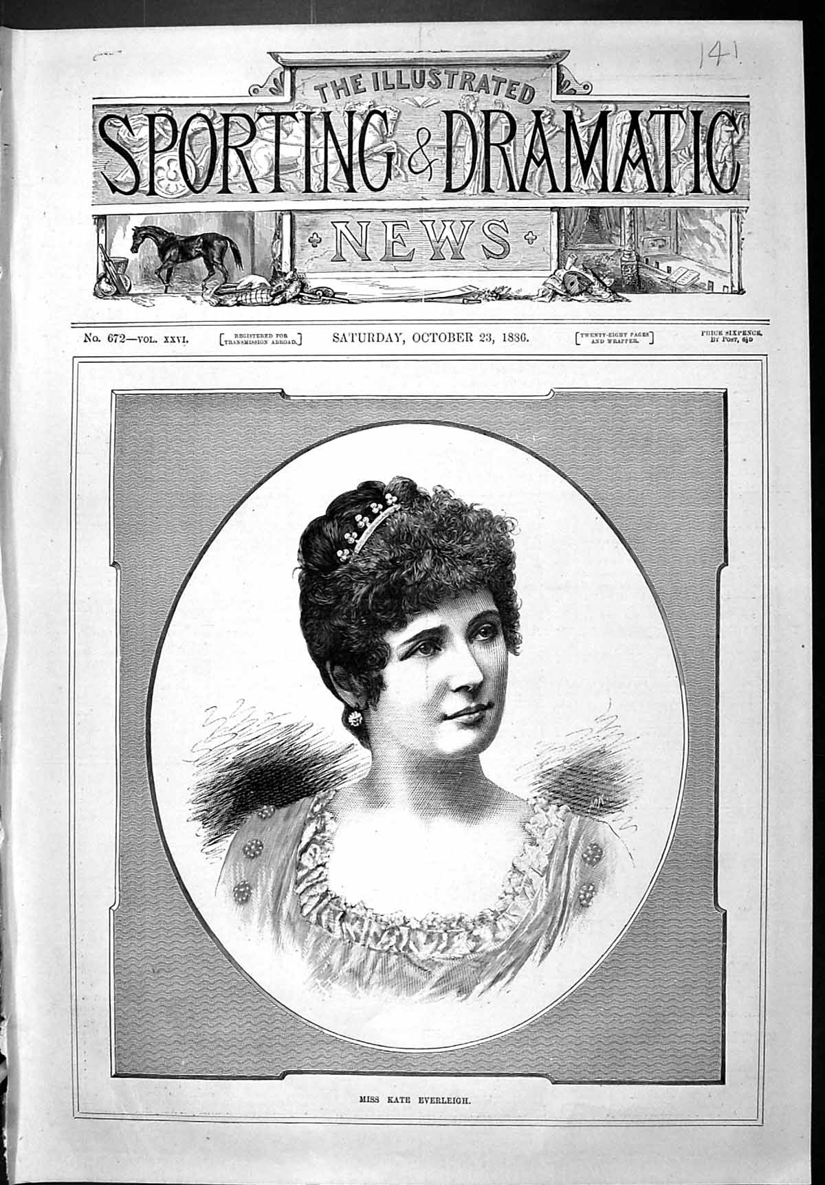 Antique Old Print Sporting Dramatic News 1886 Portrait Miss Kate Everleigh 19th