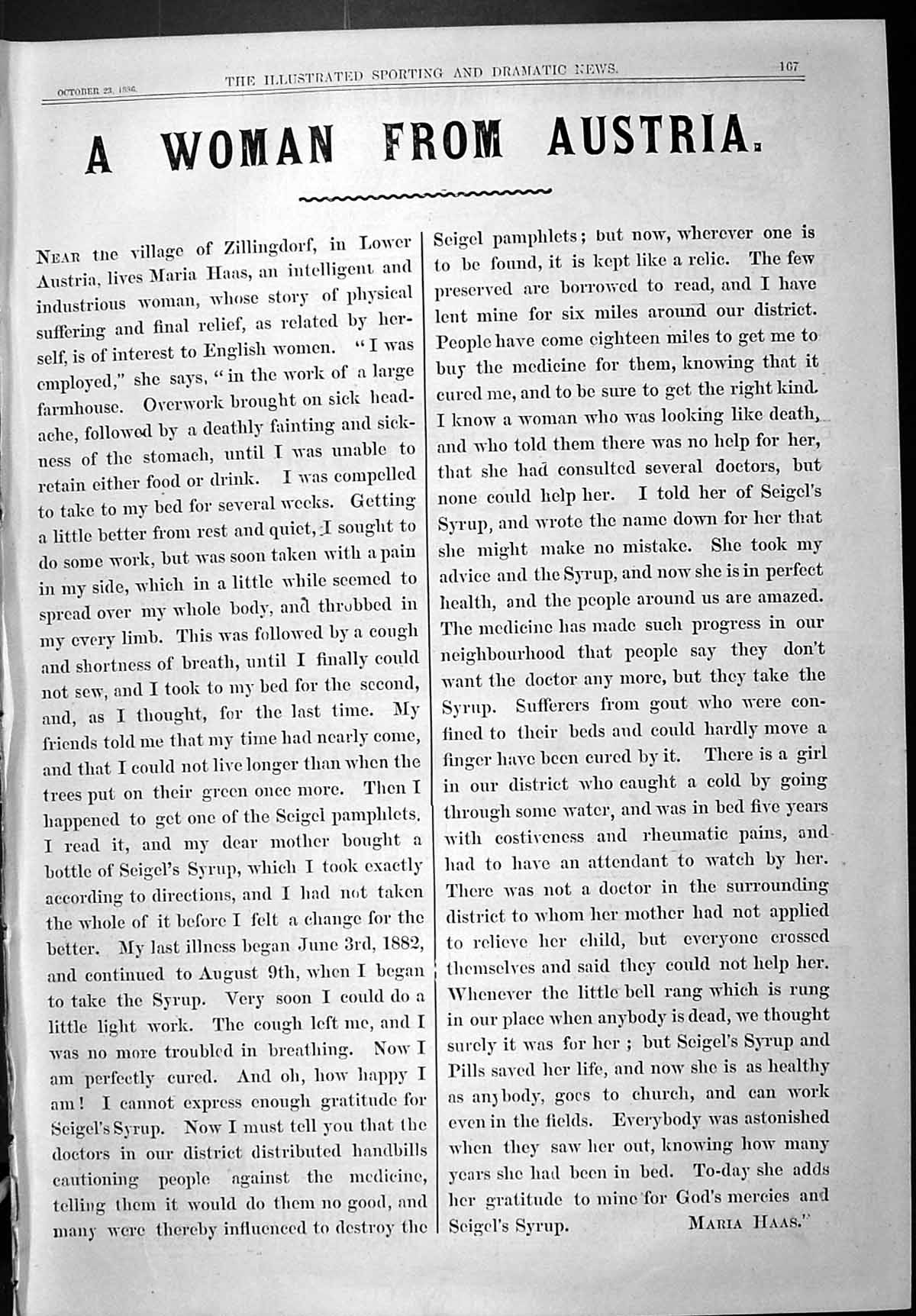 Antique Old Print Sporting Dramatic News 1886 Seigel'S Syrup Pills Maria Haas