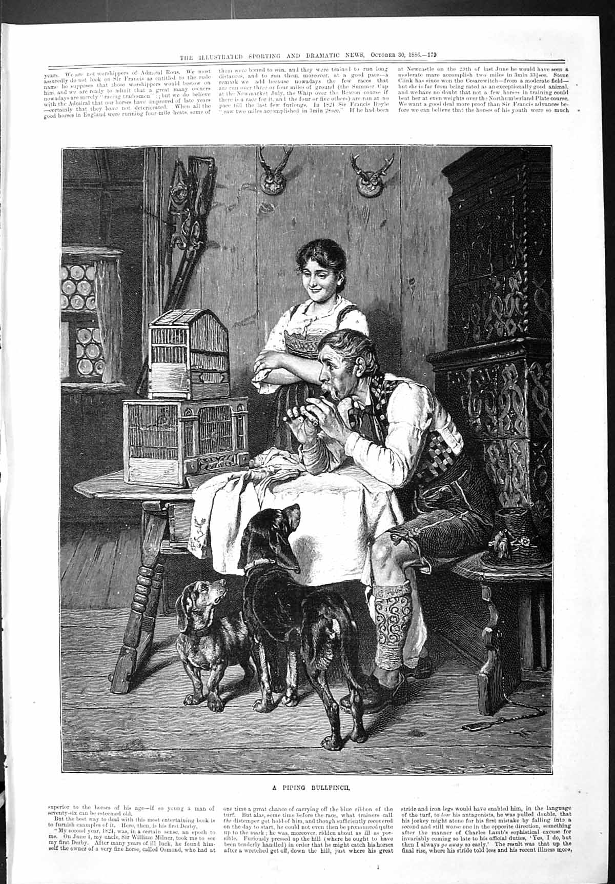 Old Sporting Dramatic News 1886 Man Music Piping Bullfinch Birds Dogs Victorian