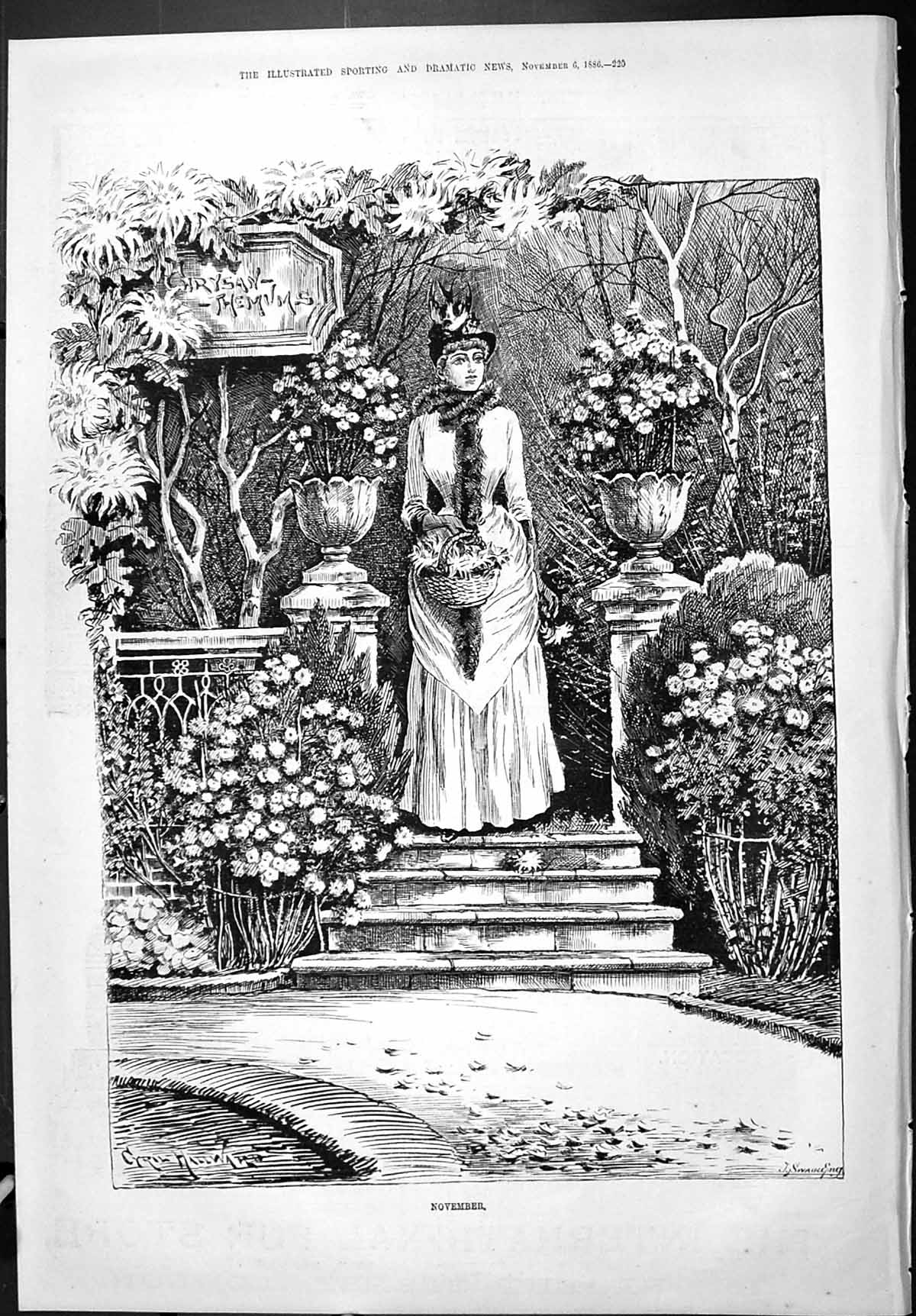 Old Sporting Dramatic News 1886 Hallward Beautiful Lady Garden Novemb Victorian