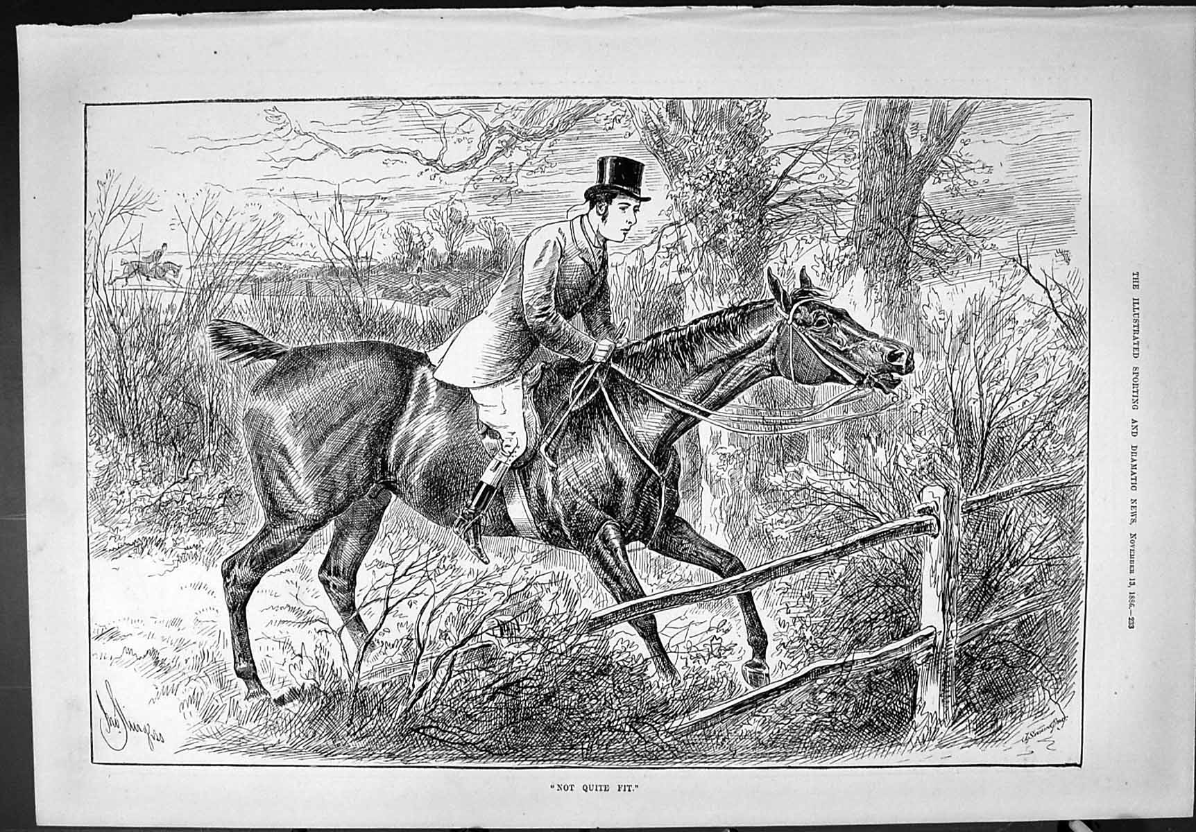 Old Sporting Dramatic News 1886 Hunting Horse Refusing Jump Huntsman Victorian
