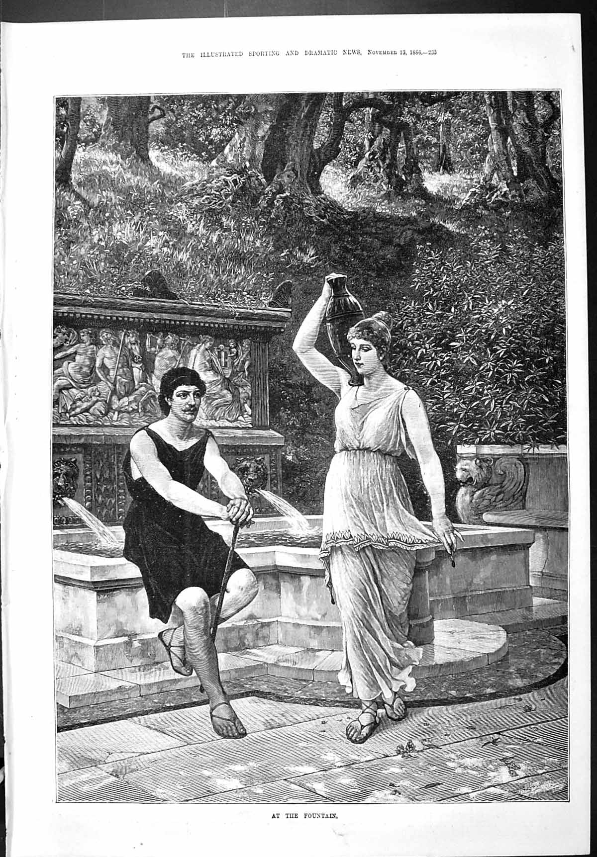 Old Sporting Dramatic News 1886 Man Lady Romance Water Fountain Fine Victorian