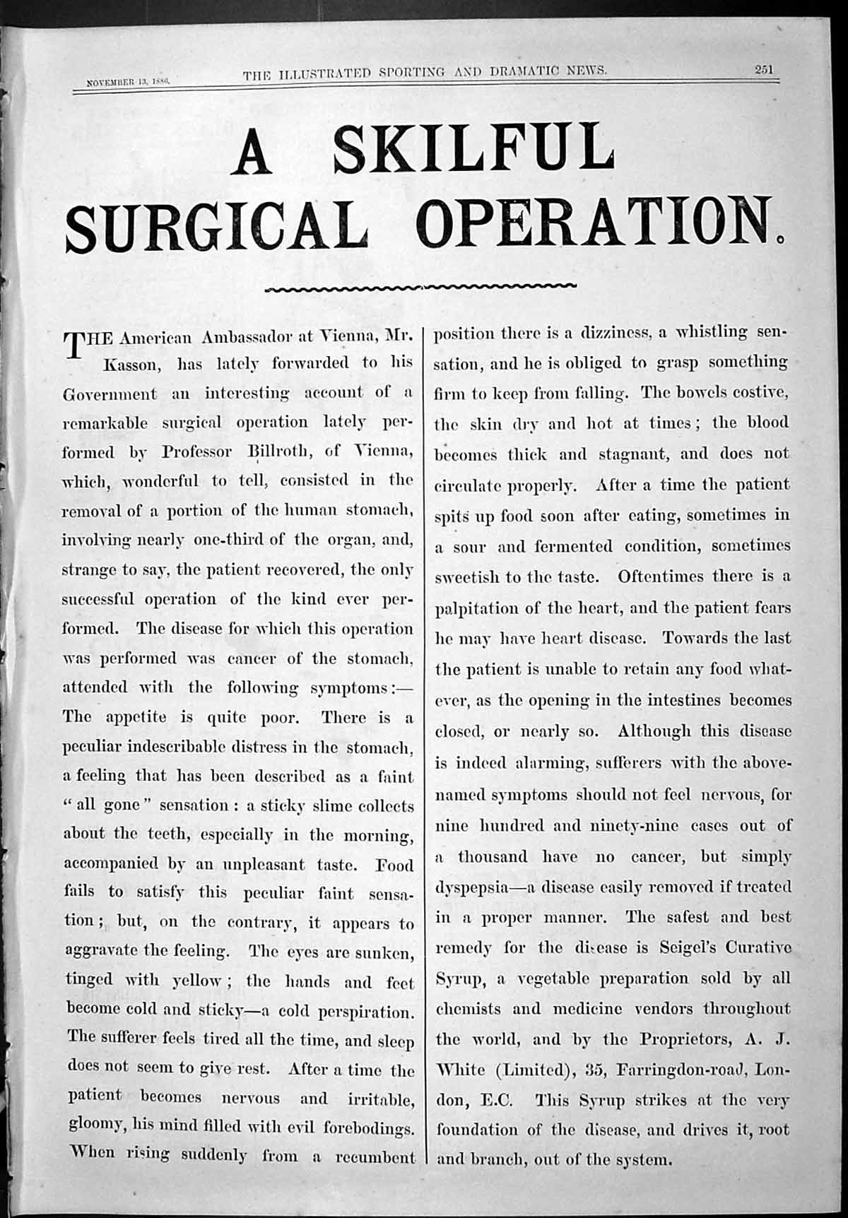 Old Print Sporting Dramatic News 1886 Advertisement Seigel Curative Syrup 19th