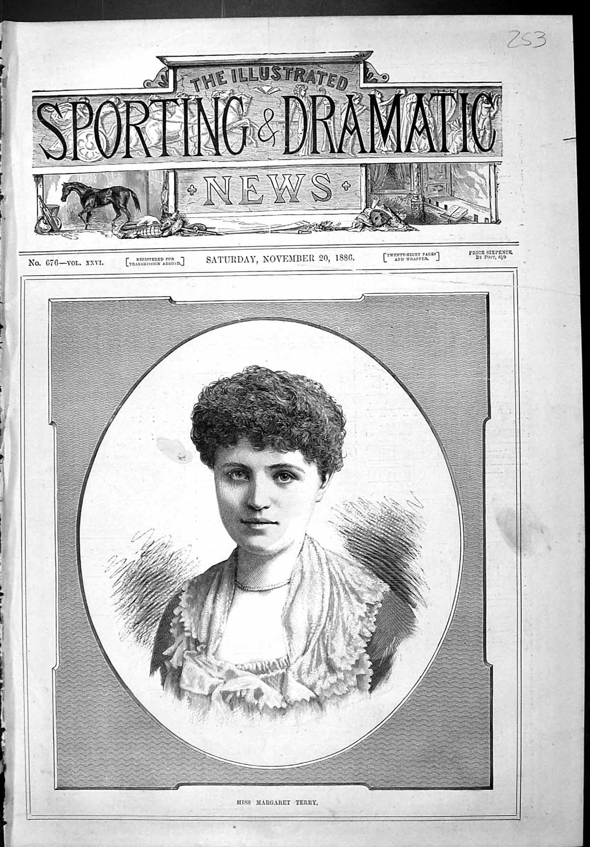 Antique Old Print Sporting Dramatic News 1886 Portrait Miss Margaret Terry 19th