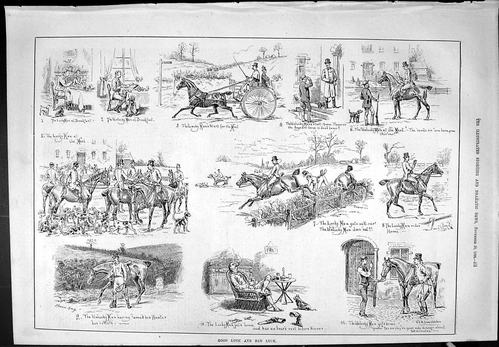Old Sporting Dramatic News 1886 Hunting Horses Sport Luck Hounds Dogs Victorian
