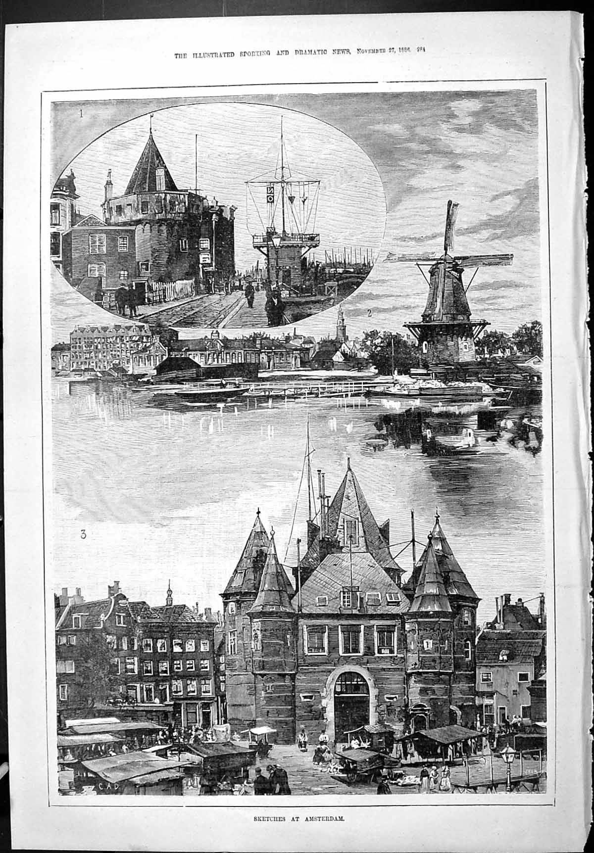 Old Sporting Dramatic News 1886 Amsterdam Street Scene Windmill Marke Victorian