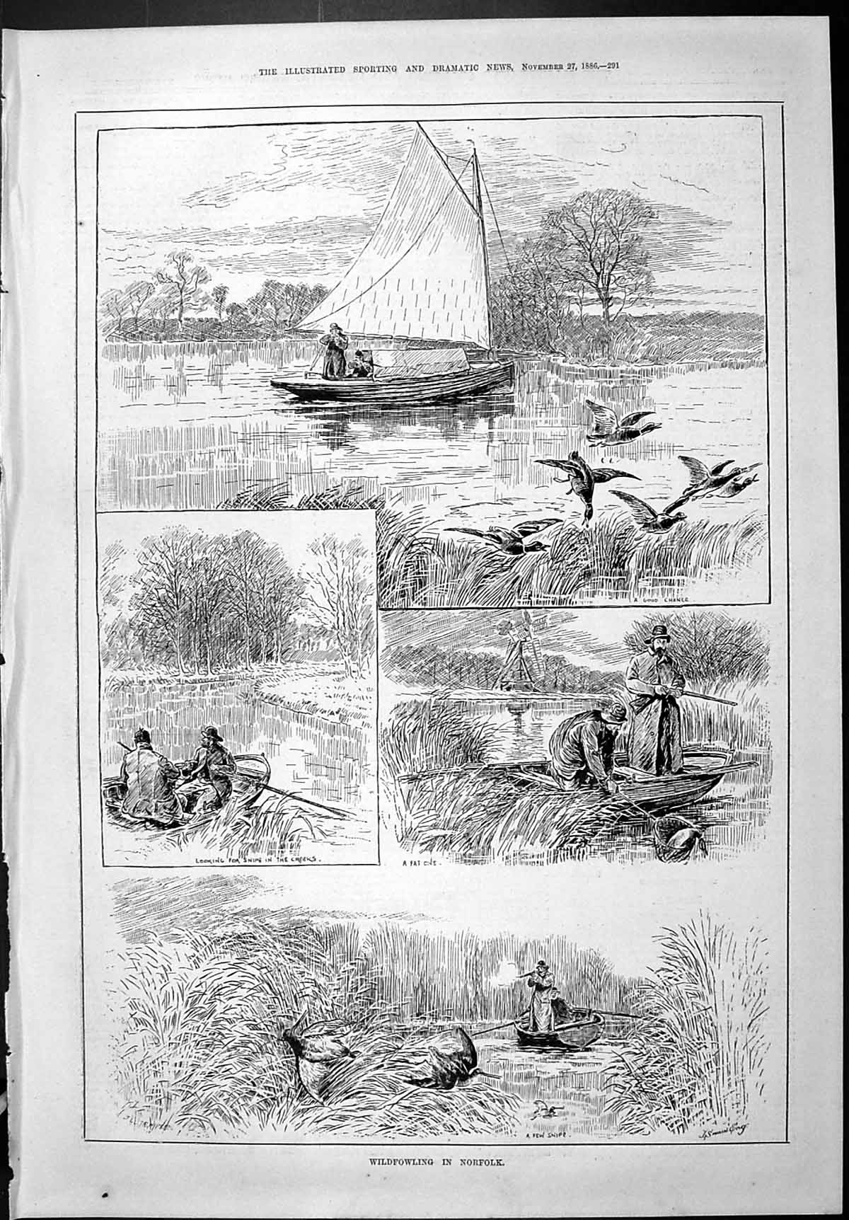 Old Sporting Dramatic News 1886 Wildfowling Norfolk Birds Shooting Sn Victorian
