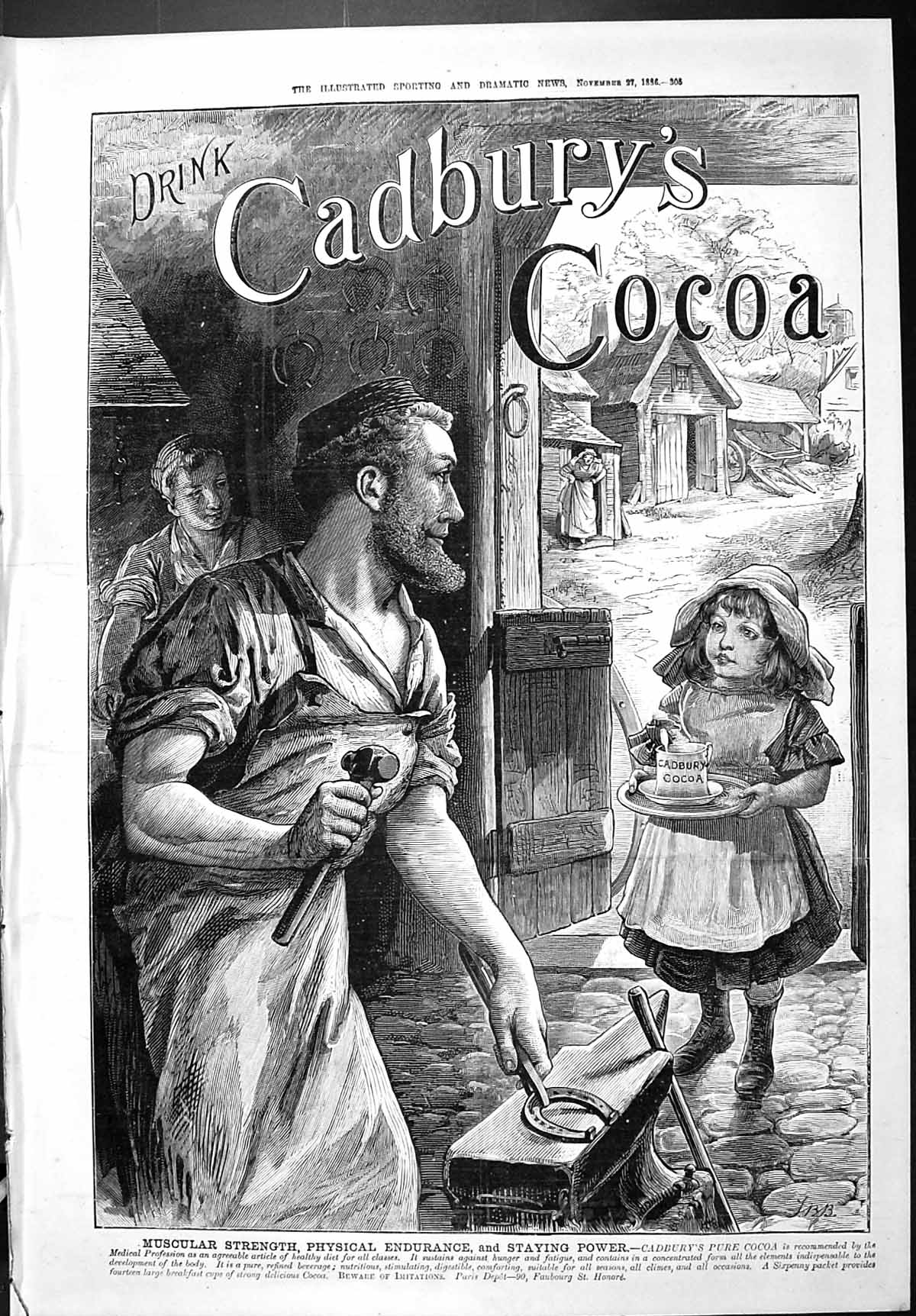 Antique Old Print Sporting Dramatic News 1886 Cadbury'S Drinking Chocolate 19th