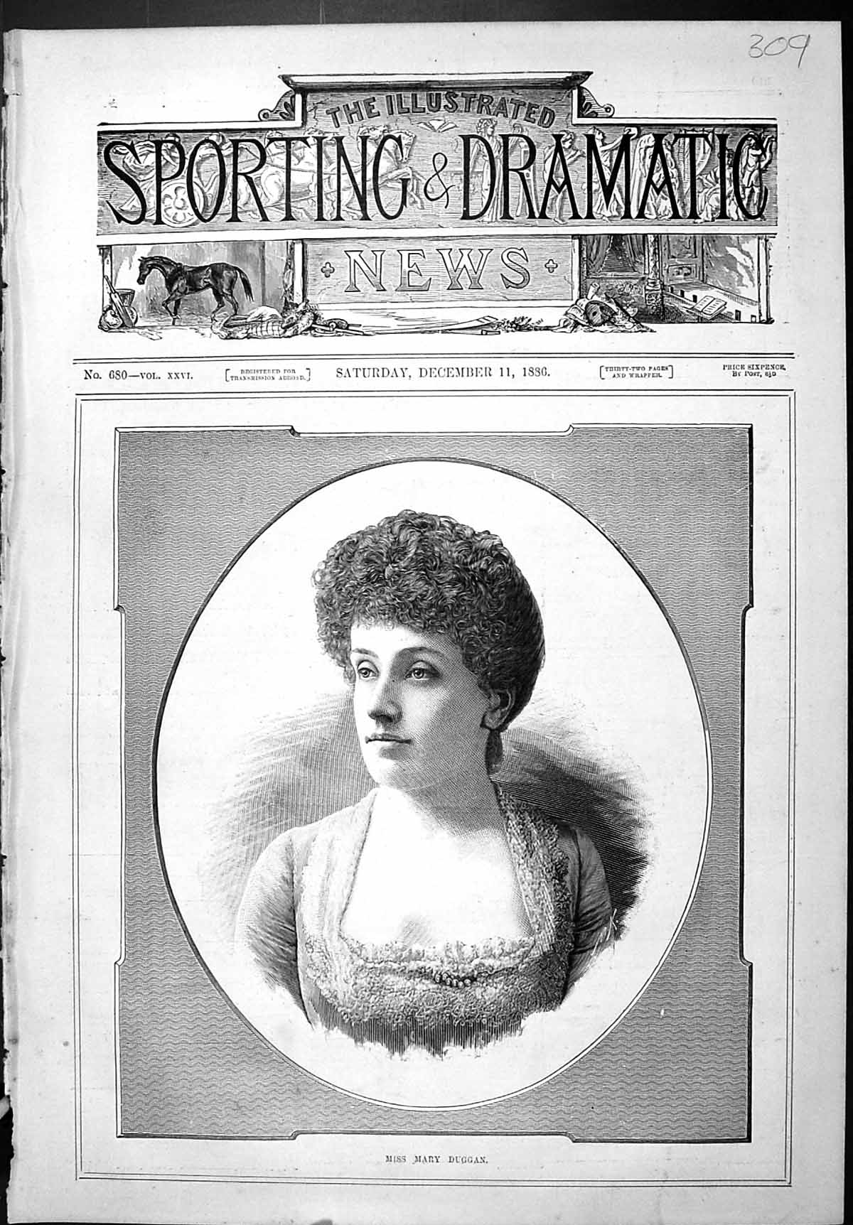 Antique Old Print Sporting Dramatic News 1886 Portrait Miss Mary Duggan Lady
