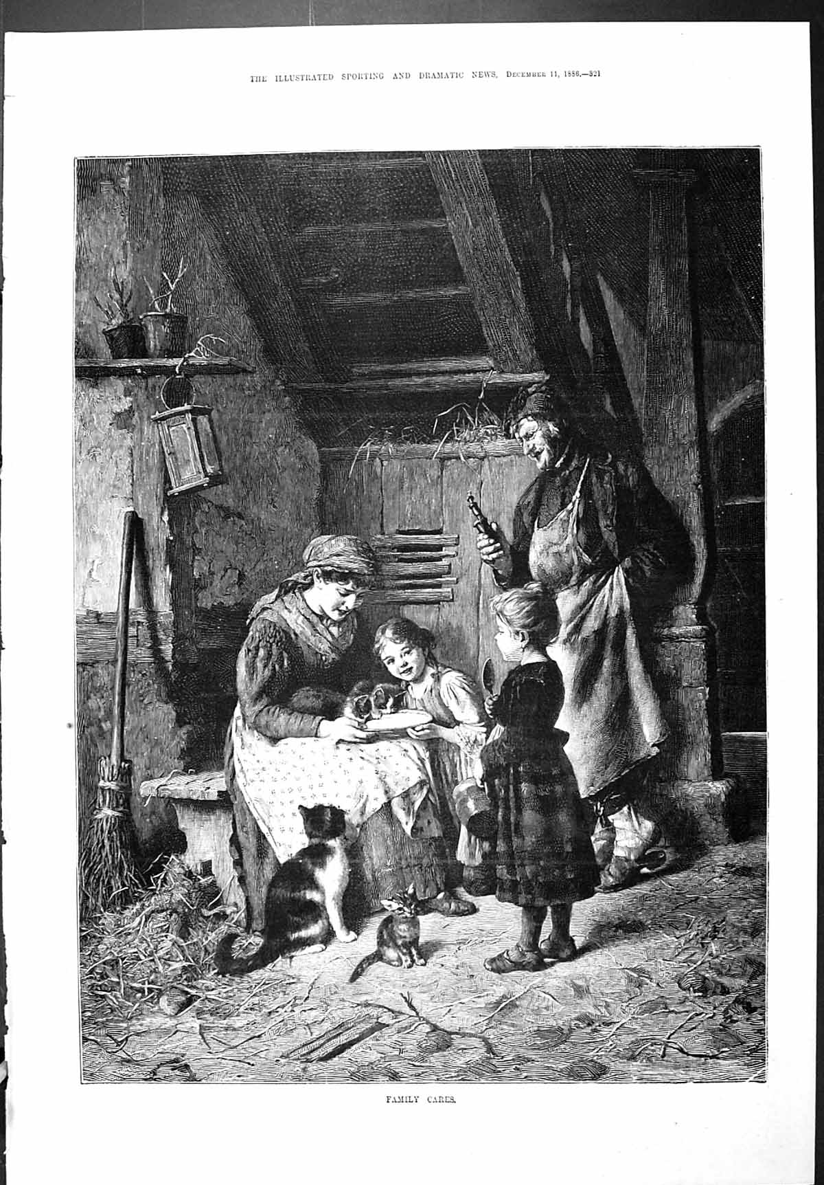 Old Sporting Dramatic News 1886 Family Cares Mother Children Feeding Victorian
