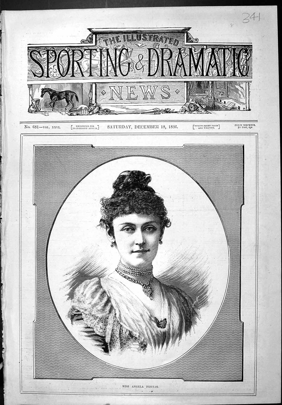 Old Antique Print Sporting Dramatic News 1886 Portrait Miss Angela Fenton 19th