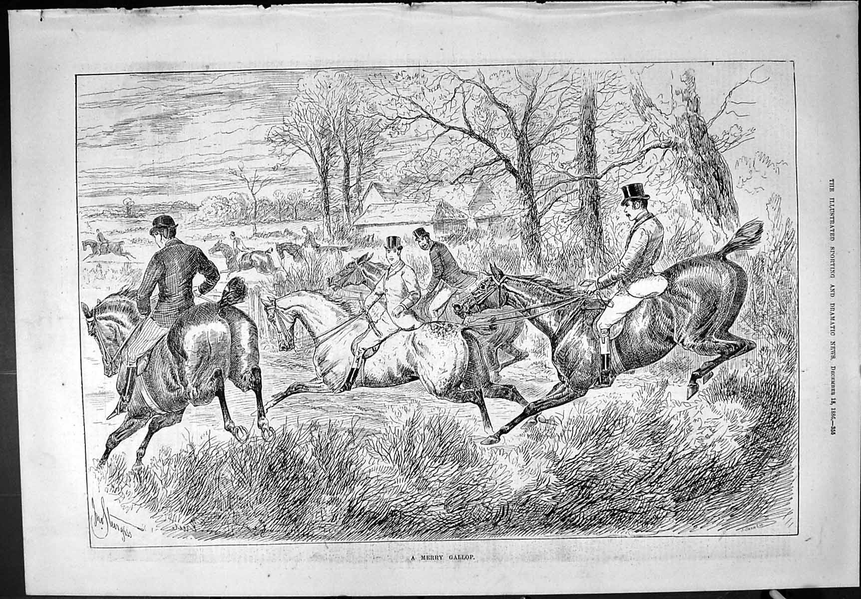 Old Sporting Dramatic News 1886 Merry Gallop Horses Hunting Jumping F Victorian