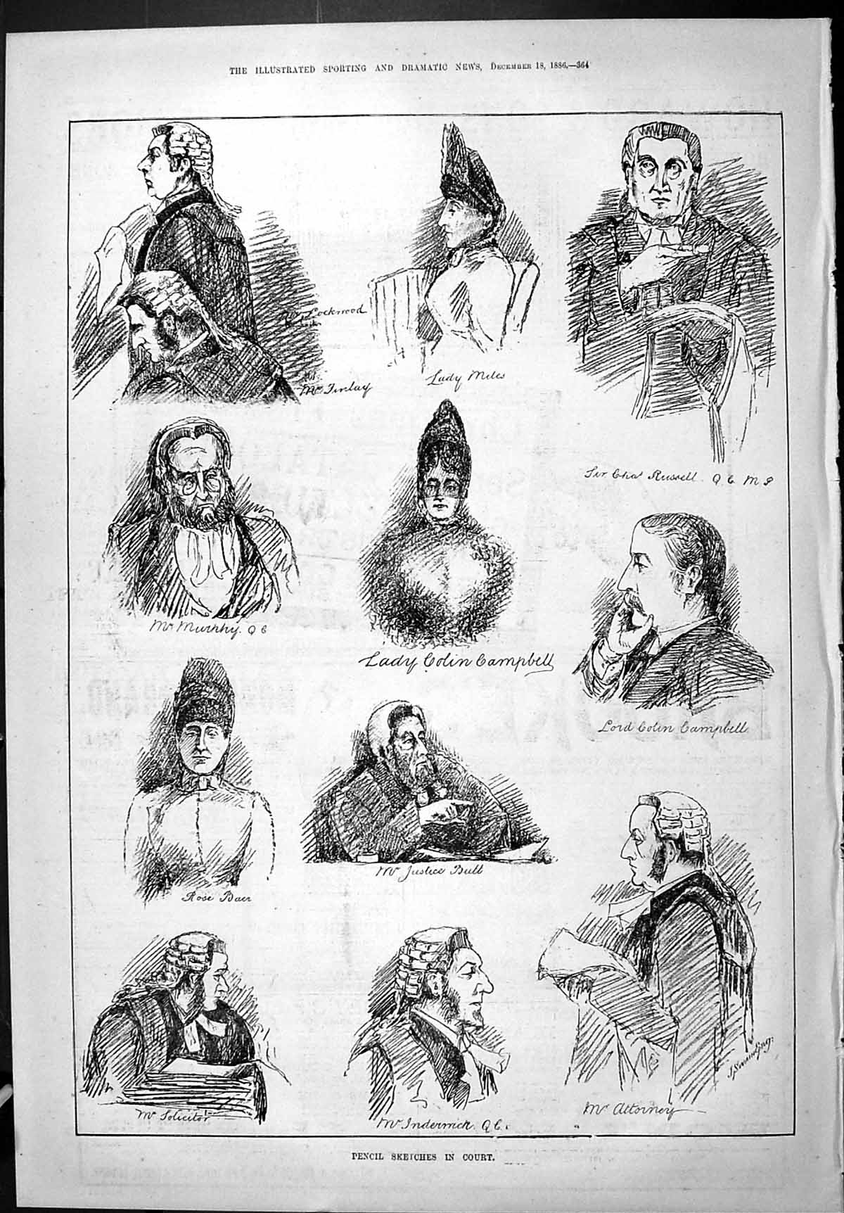 Old 1886 Pencil Sketches Court Campbell Butt Miles Murphy Russell Loc Victorian