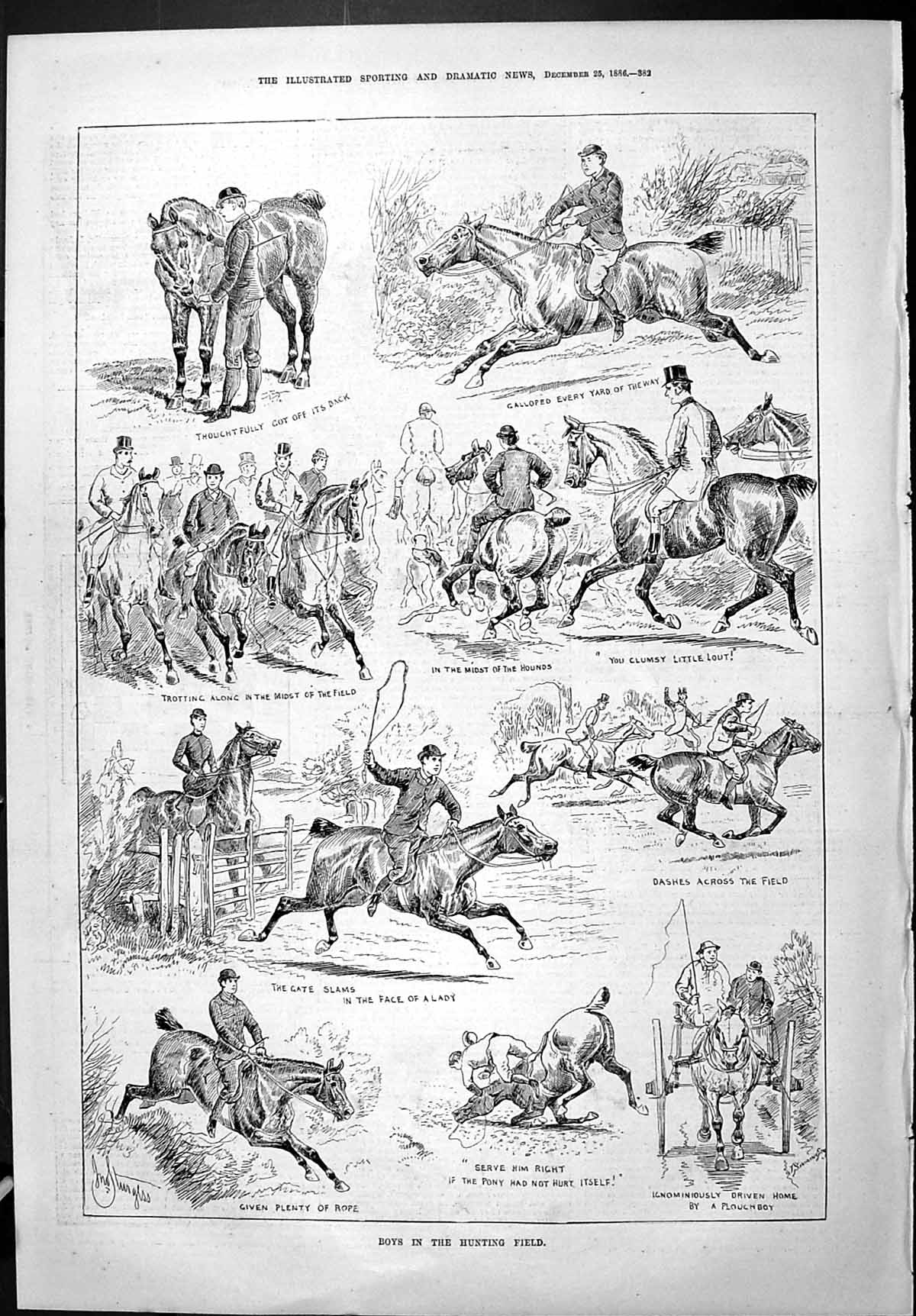 Old Sporting Dramatic News 1886 Hunting Sport Huntsmen Horses Ploughb Victorian