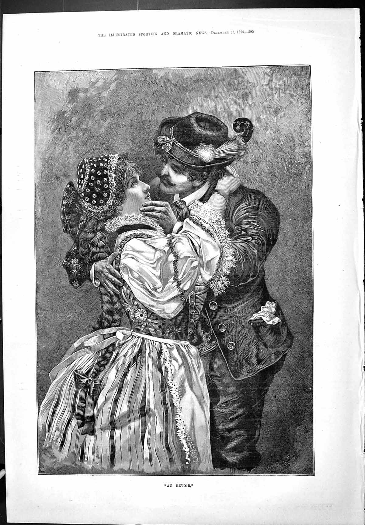 Old Sporting Dramatic News 1886 Au Revoir Man Lady Saying Goodbye Rom Victorian