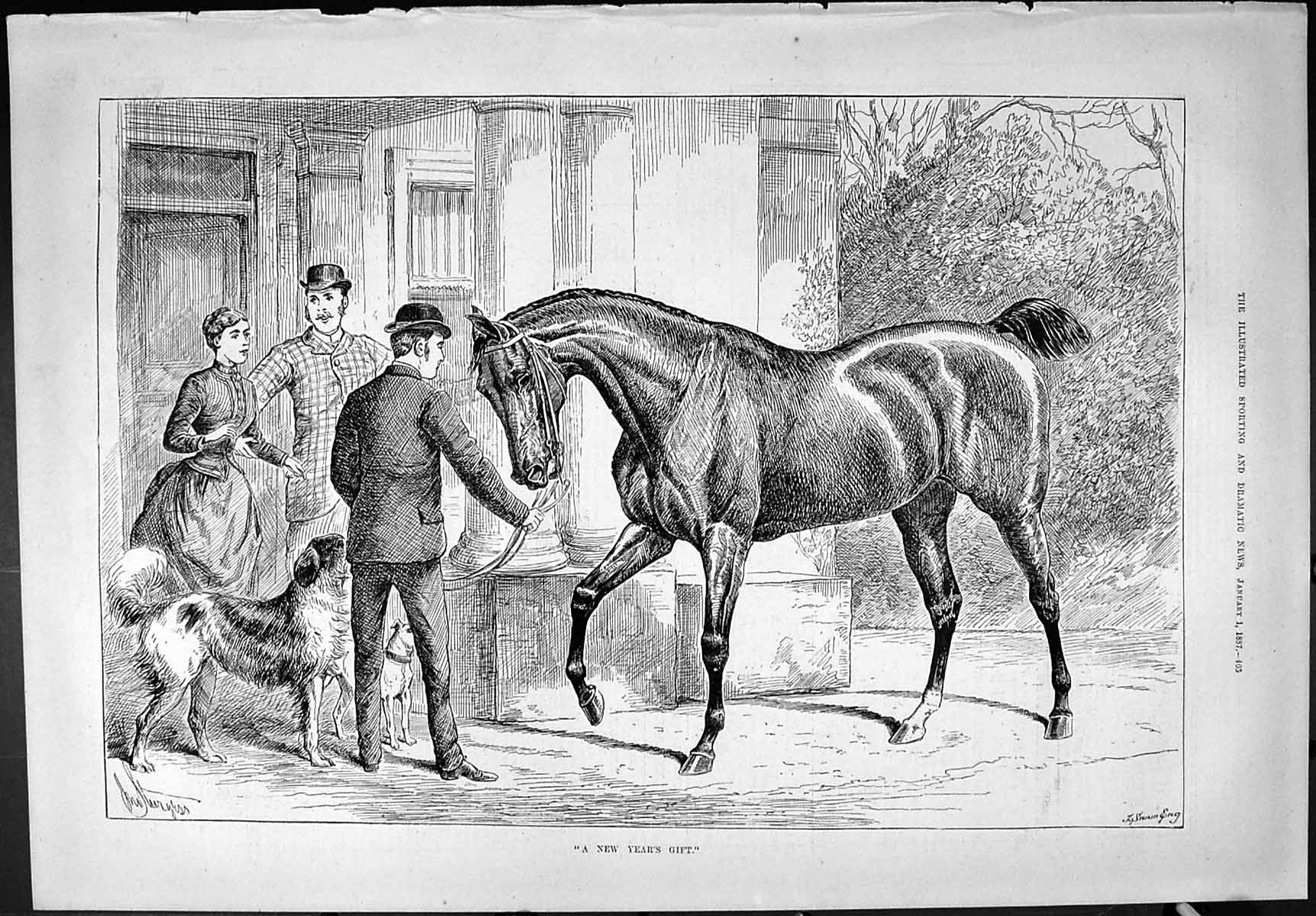 Old Sporting Dramatic News 1887 New Year'S Gift Horse Dogs Family Hom Victorian