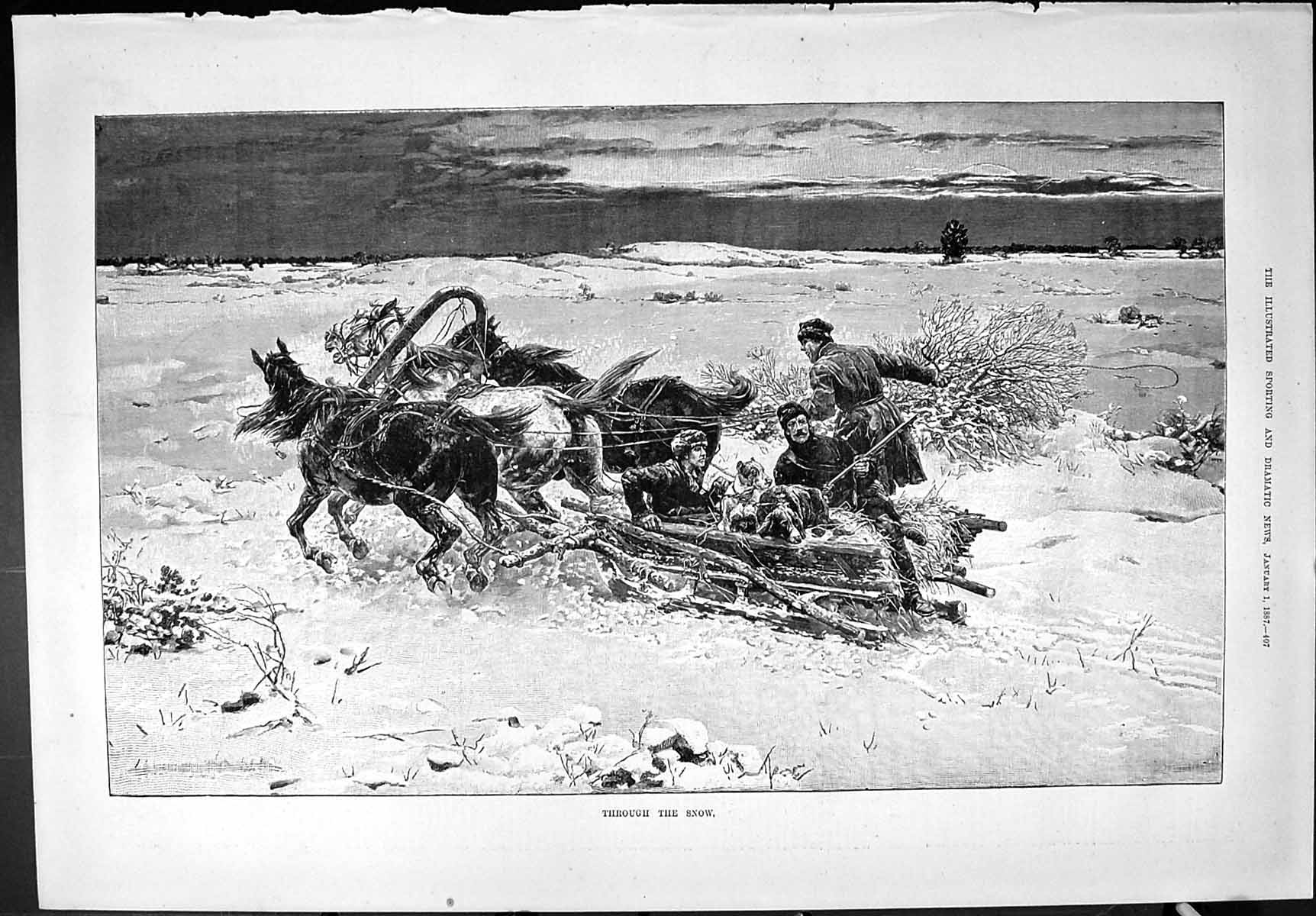 Old Sporting Dramatic News 1887 Horses Sledge Travelling Through Snow Victorian