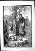 Old Sporting Dramatic News 1887 Goose Girl Farmyard Feeding Birds Fin Victorian