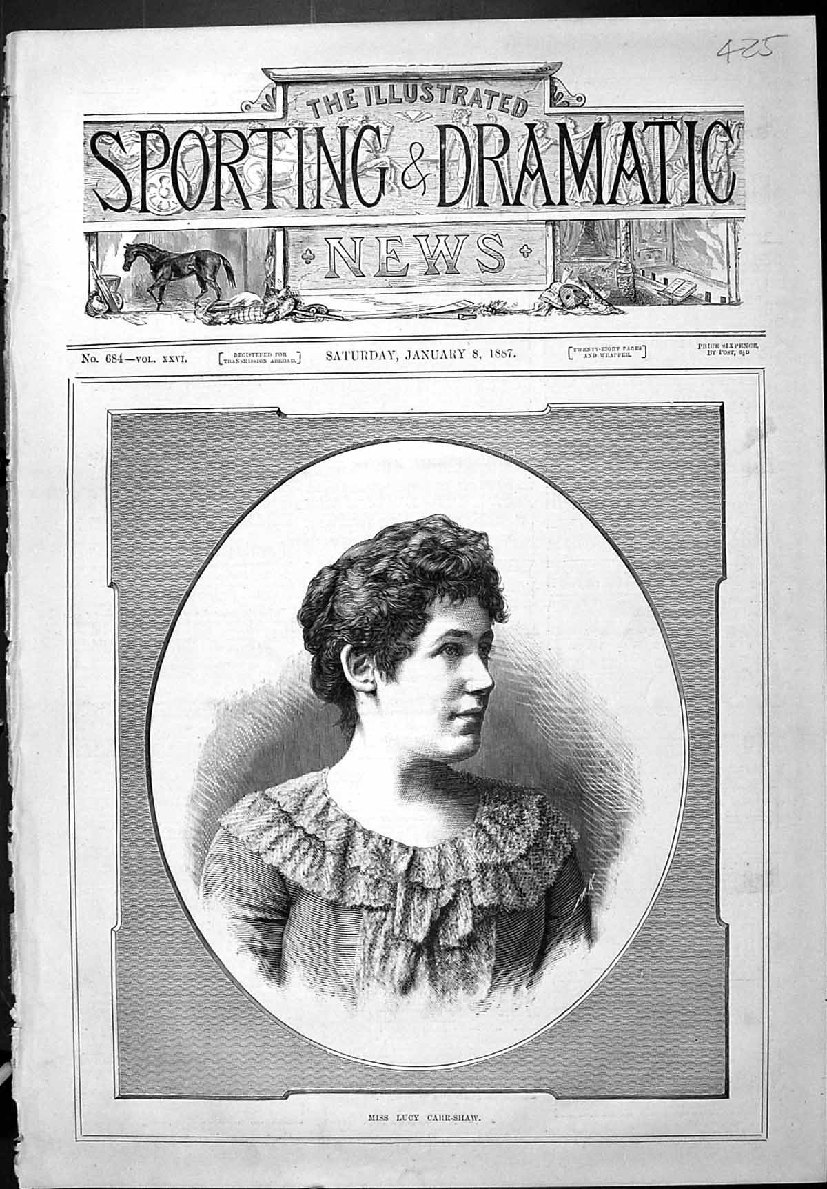 Antique Old Print Sporting Dramatic News 1887 Portrait Miss Lucy Carr-Shaw 19th