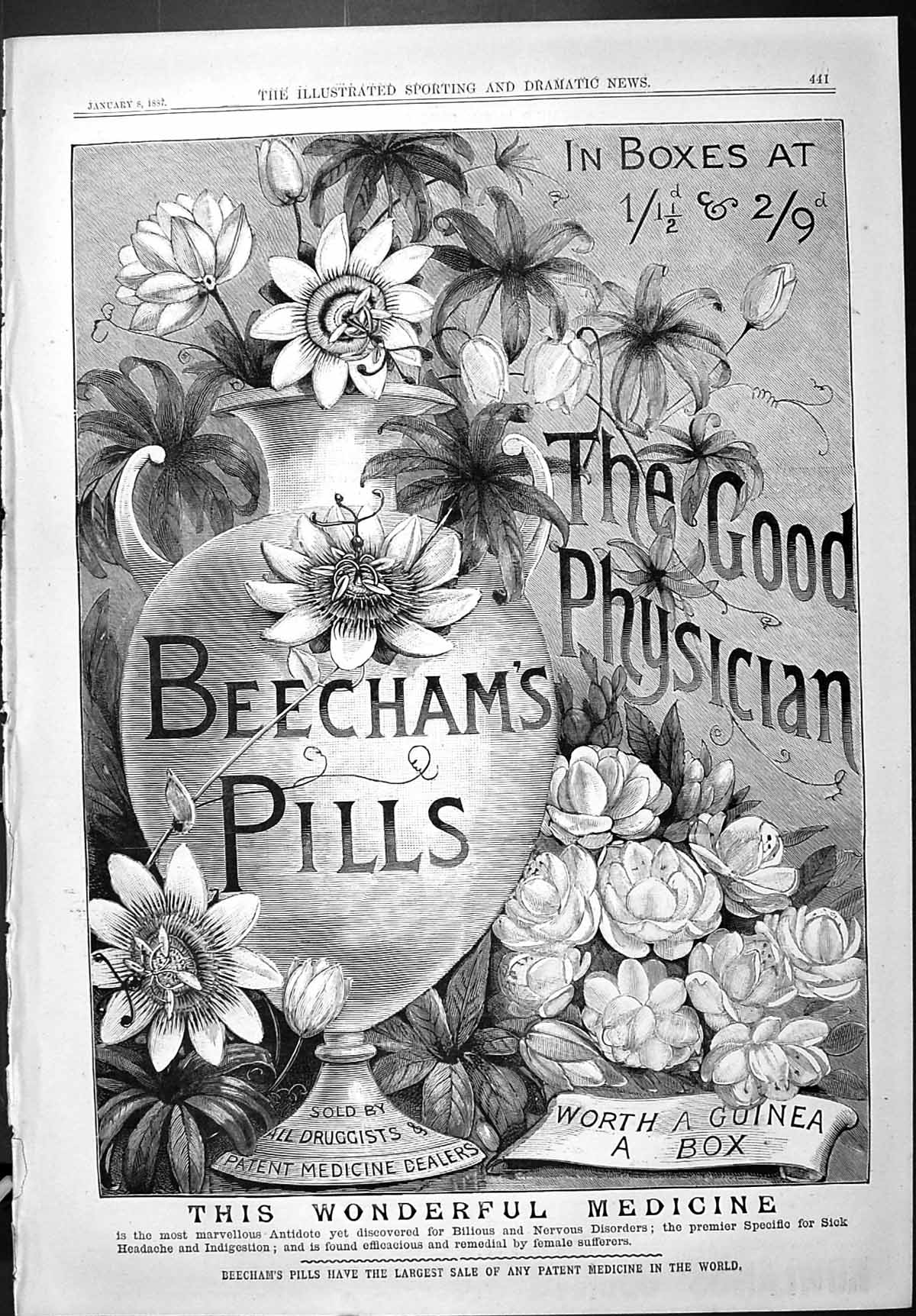 Old Sporting Dramatic News 1887 Advertisement Beechams Pills Medicine Victorian