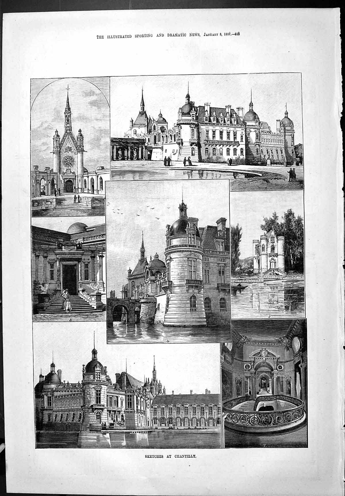 Antique Print Sporting Dramatic News 1887 Chantilly Architecture Buildings 19th