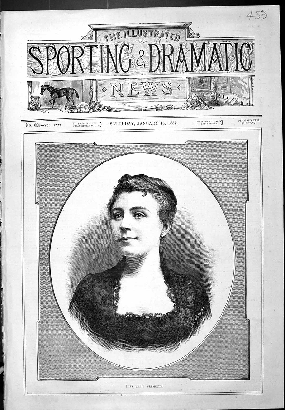 Antique Print Sporting Dramatic News 1887 Portrait Miss Effie Clements Lady