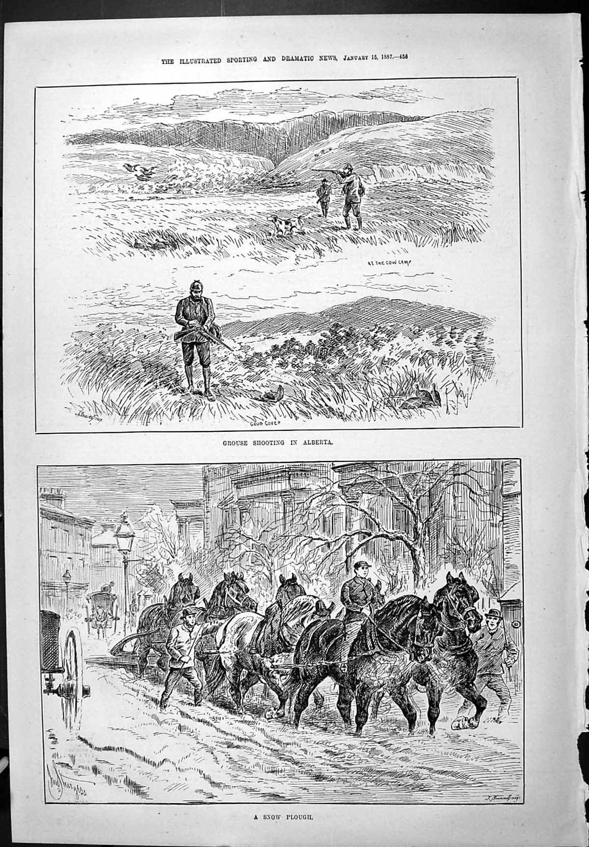 Old Sporting Dramatic News 1887 Grouse Shooting Alberta Hunting Snow Victorian