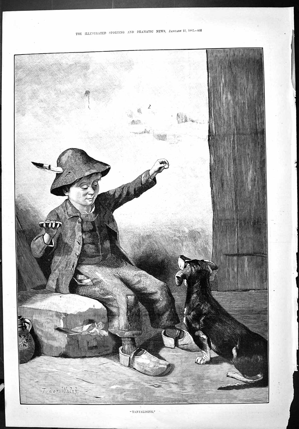 Old Sporting Dramatic News 1887 Tantalising Young Boy Teasing Dog Wal Victorian
