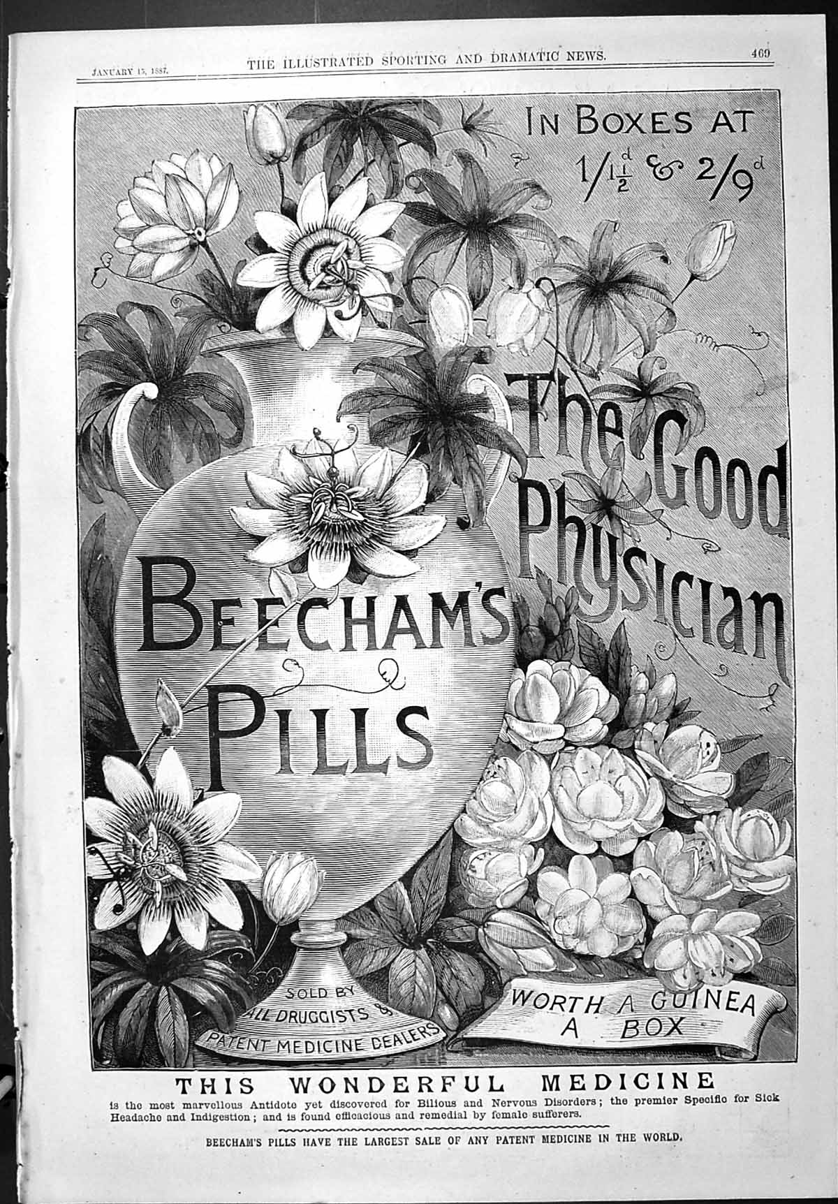 Antique Old Print Sporting Dramatic News 1887 Beechams Pills Good Physician