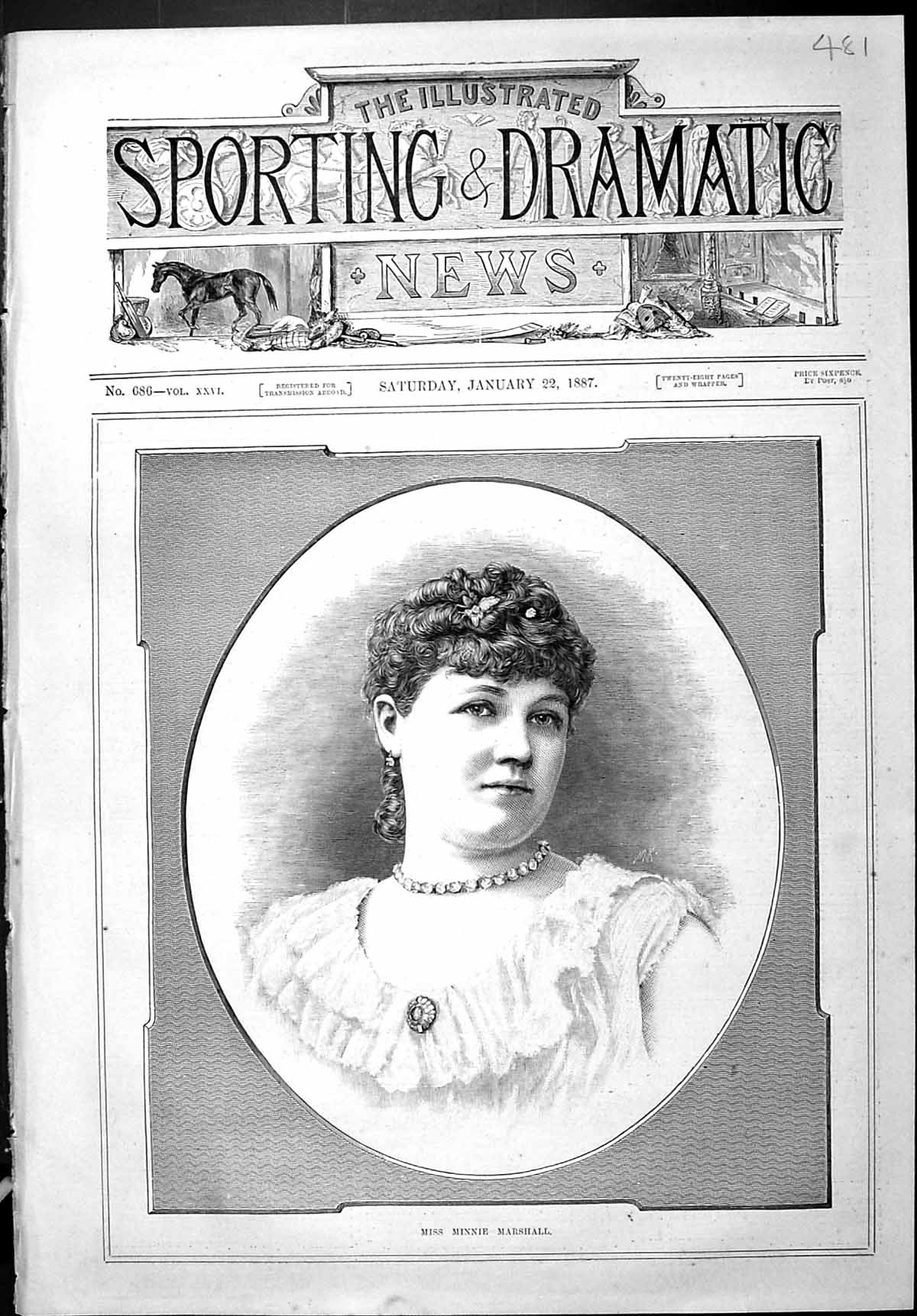Old Print Sporting Dramatic News 1887 Portrait Miss Minnie Marshall Lady 19th