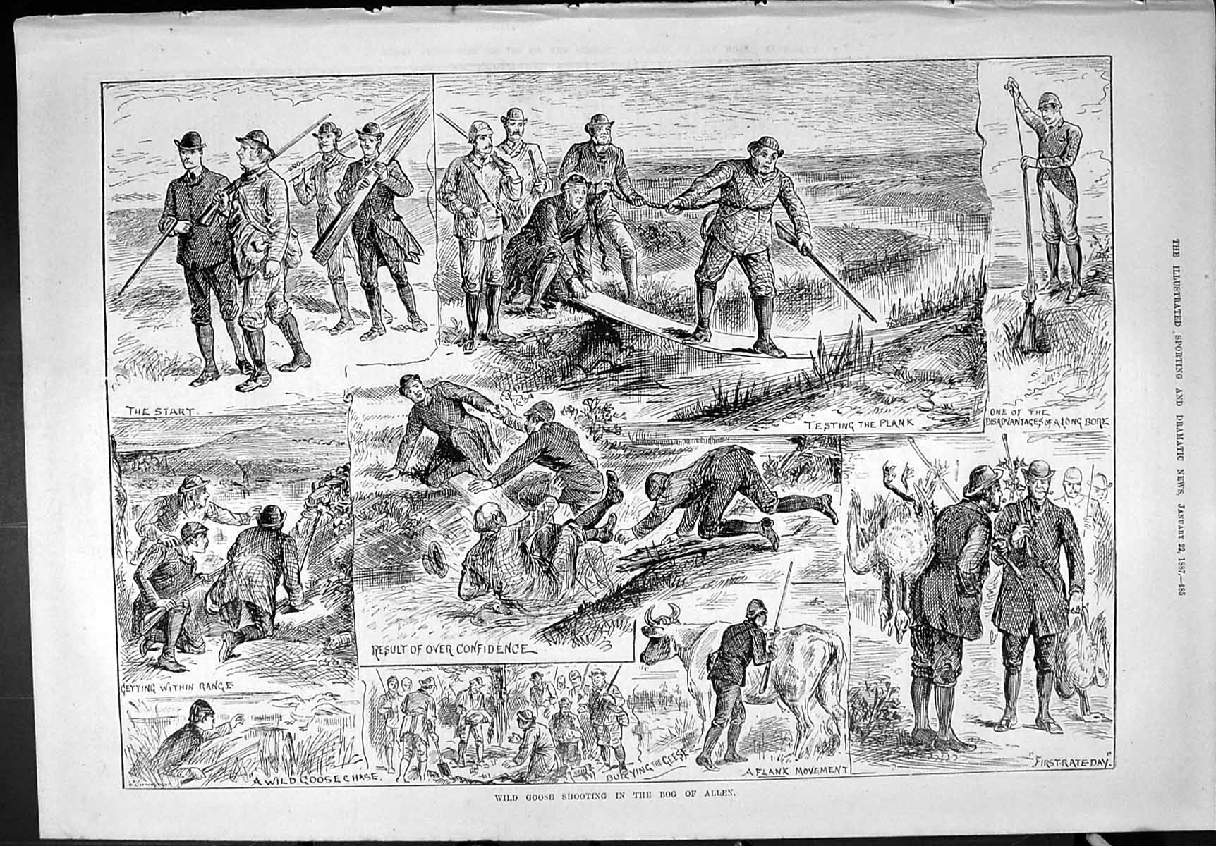 Old Sporting Dramatic News 1887 Wild Goose Shooting Bog Allen Hunting Victorian