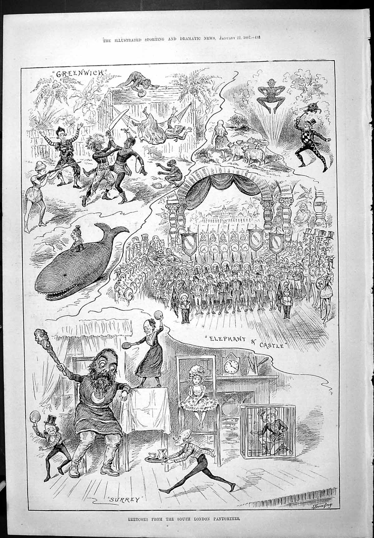 Old Sporting Dramatic News 1887 London Pantomimes Elephant Castle Sur Victorian