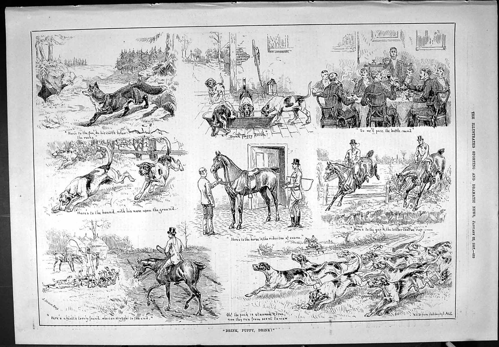 Old Sporting Dramatic News 1887 Hunting Horses Hounds Dogs Puppy Hunt Victorian