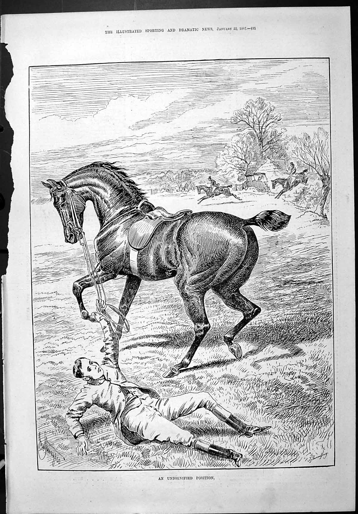 Old Sporting Dramatic News 1887 Horse Hunting Sport Man Fallen Countr Victorian