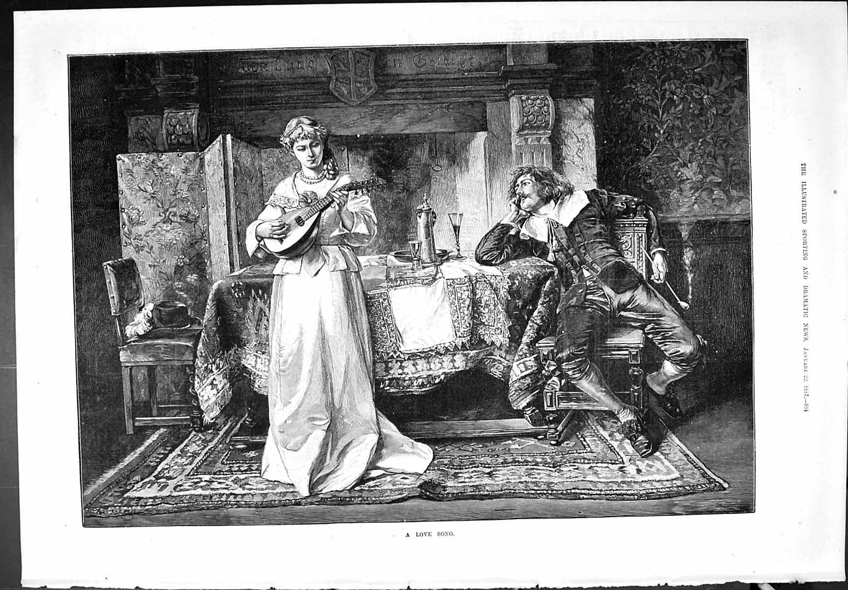 Old Sporting Dramatic News 1887 Love Song Romance Man Lady Music Fine Victorian