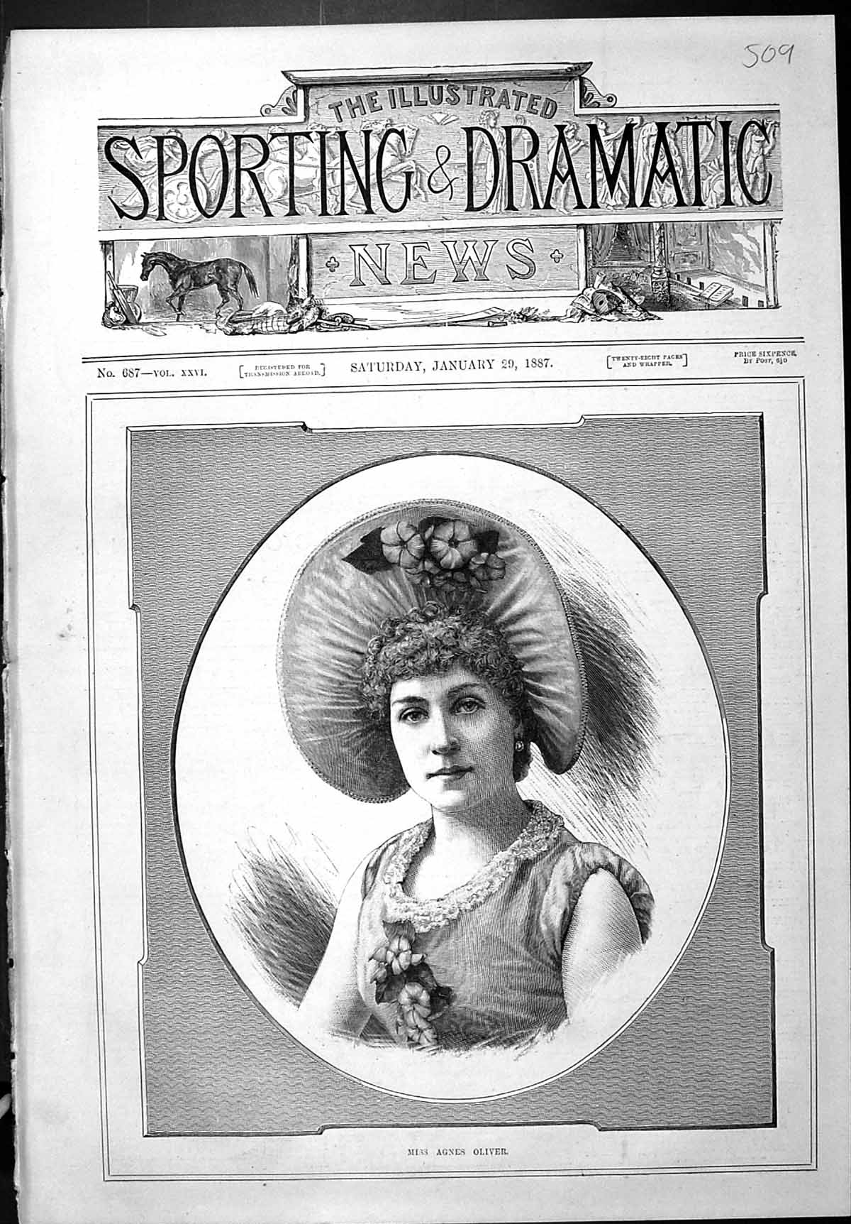 Antique Old Print Sporting Dramatic News 1887 Miss Agnes Oliver Lady Woman 19th