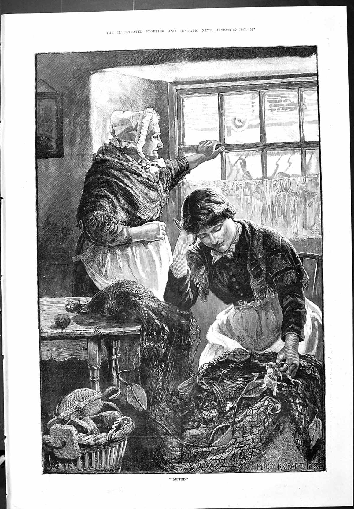 Antique Print Sporting Dramatic News 1887 Listed Lady Fishing Net Craft Fin
