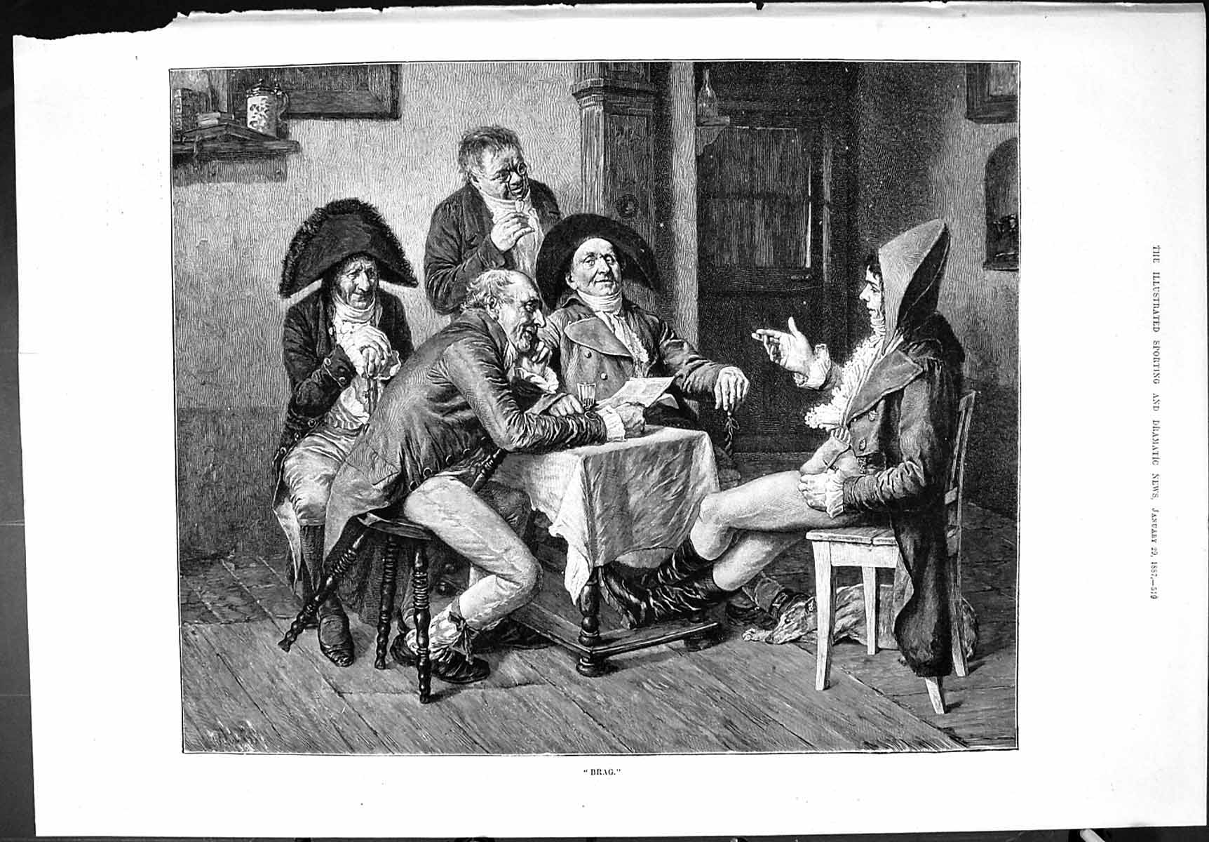 Antique Old Print Sporting Dramatic News 1887 Brag Men Meeting Table Fine Art