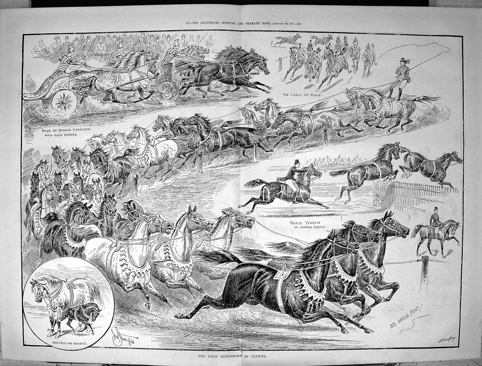 Old Sporting Dramatic News 1887 Paris Hippodrome Olympia Horses Chari 19th