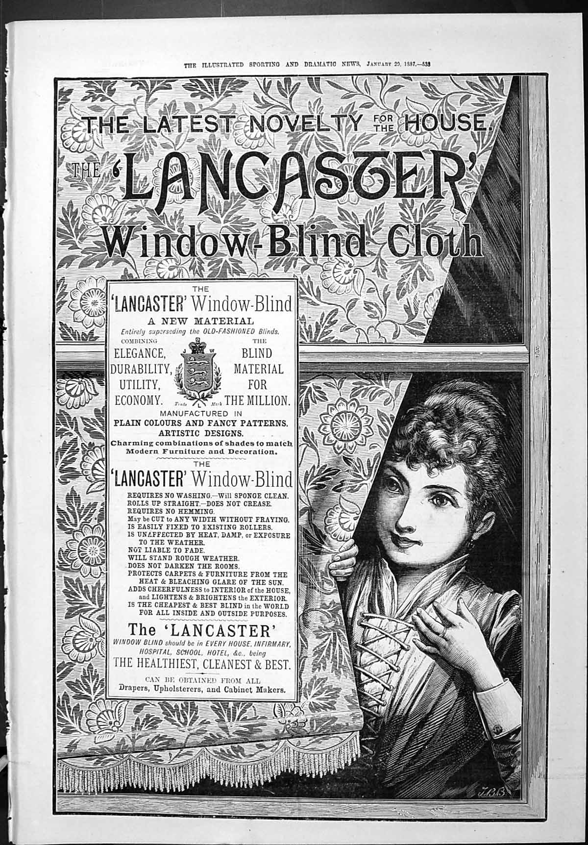 Antique Old Print Sporting Dramatic News 1887 Lancaster Window Blind Cloth 19th