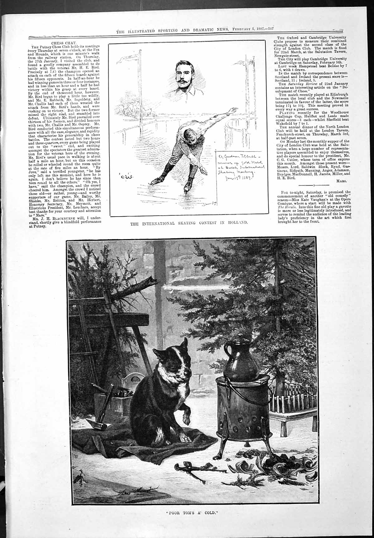 Antique Print Sporting Dramatic News 1887 Ice Skating Contest Holland Dog C