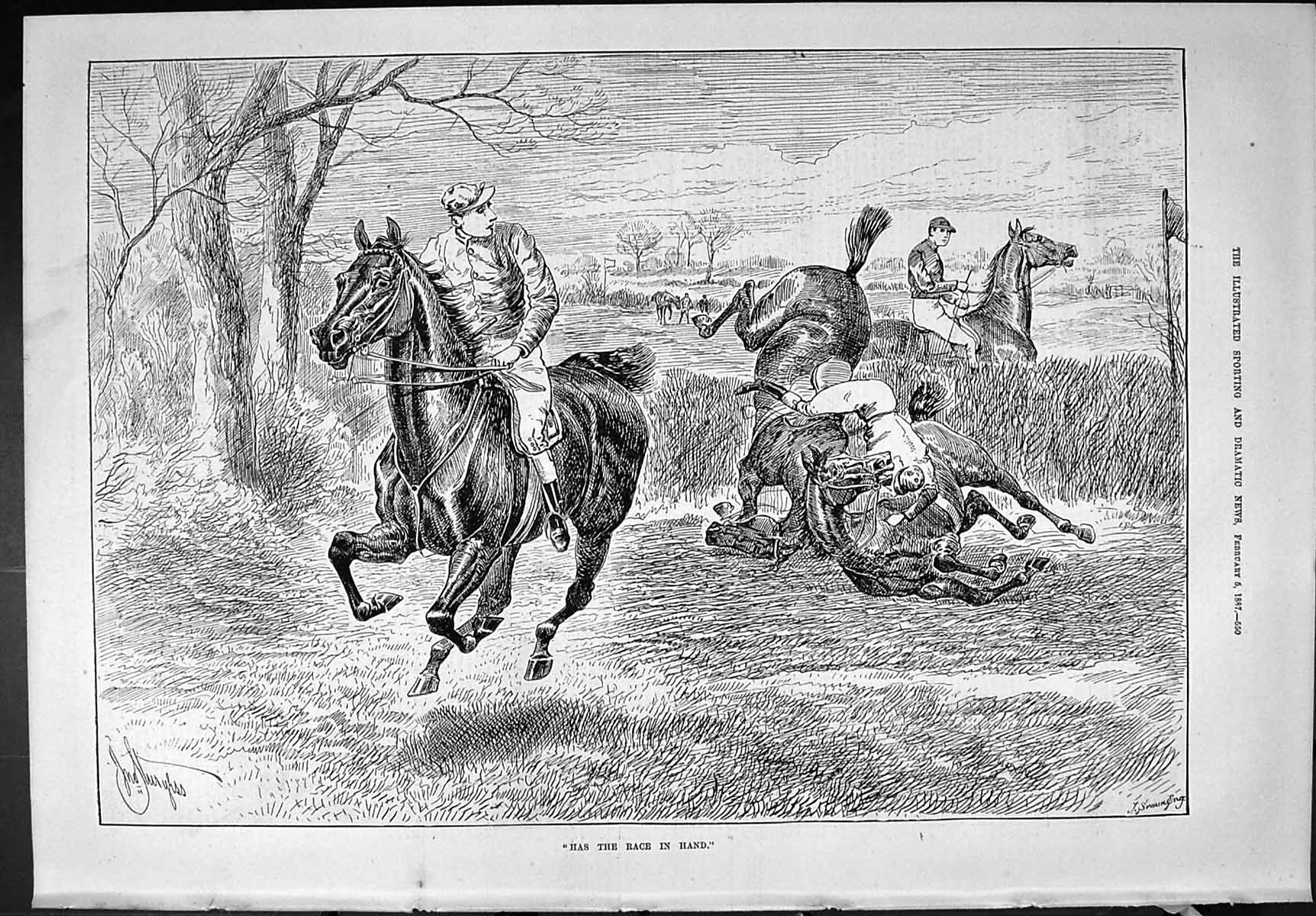 Old Sporting Dramatic News 1887 Horse Racing Jockeys Jumping Fence Sp Victorian