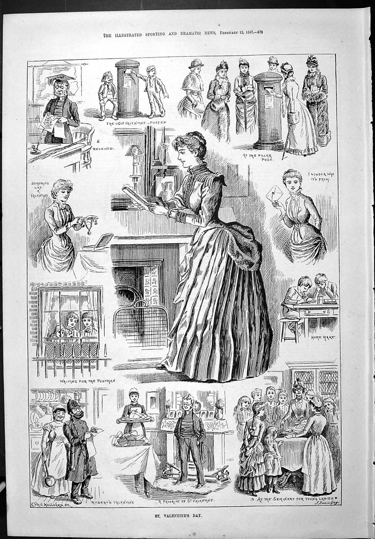 Old Sporting Dramatic News 1887 St. Valentines Day Romance Cards Post Victorian