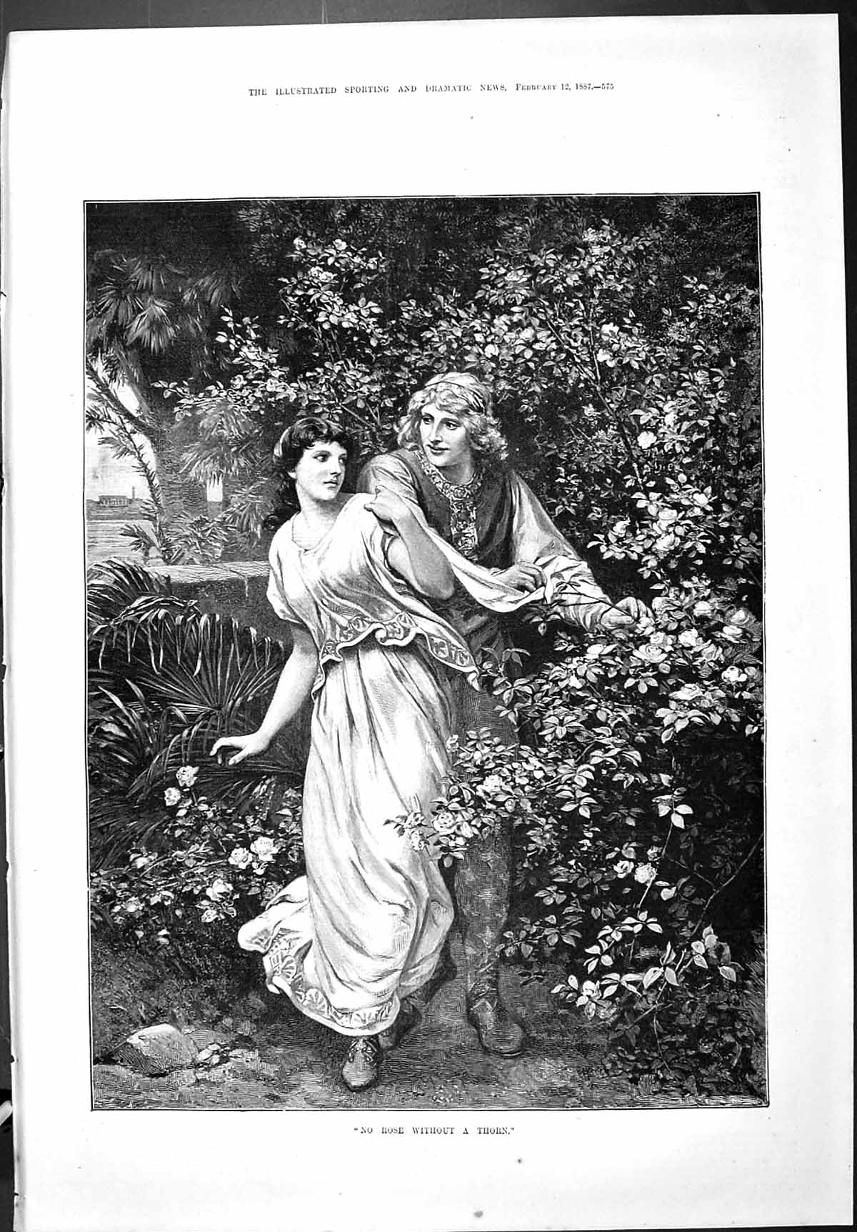 Old Sporting Dramatic News 1887 Rose Bush Thorn Man Lady Romance Coun Victorian