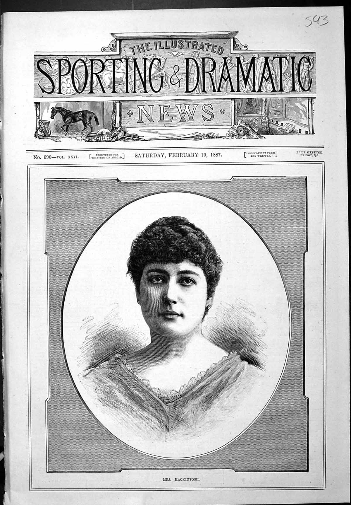 Old Print Sporting Dramatic News 1887 Portrait Mrs Mackintosh Lady Woman 19th
