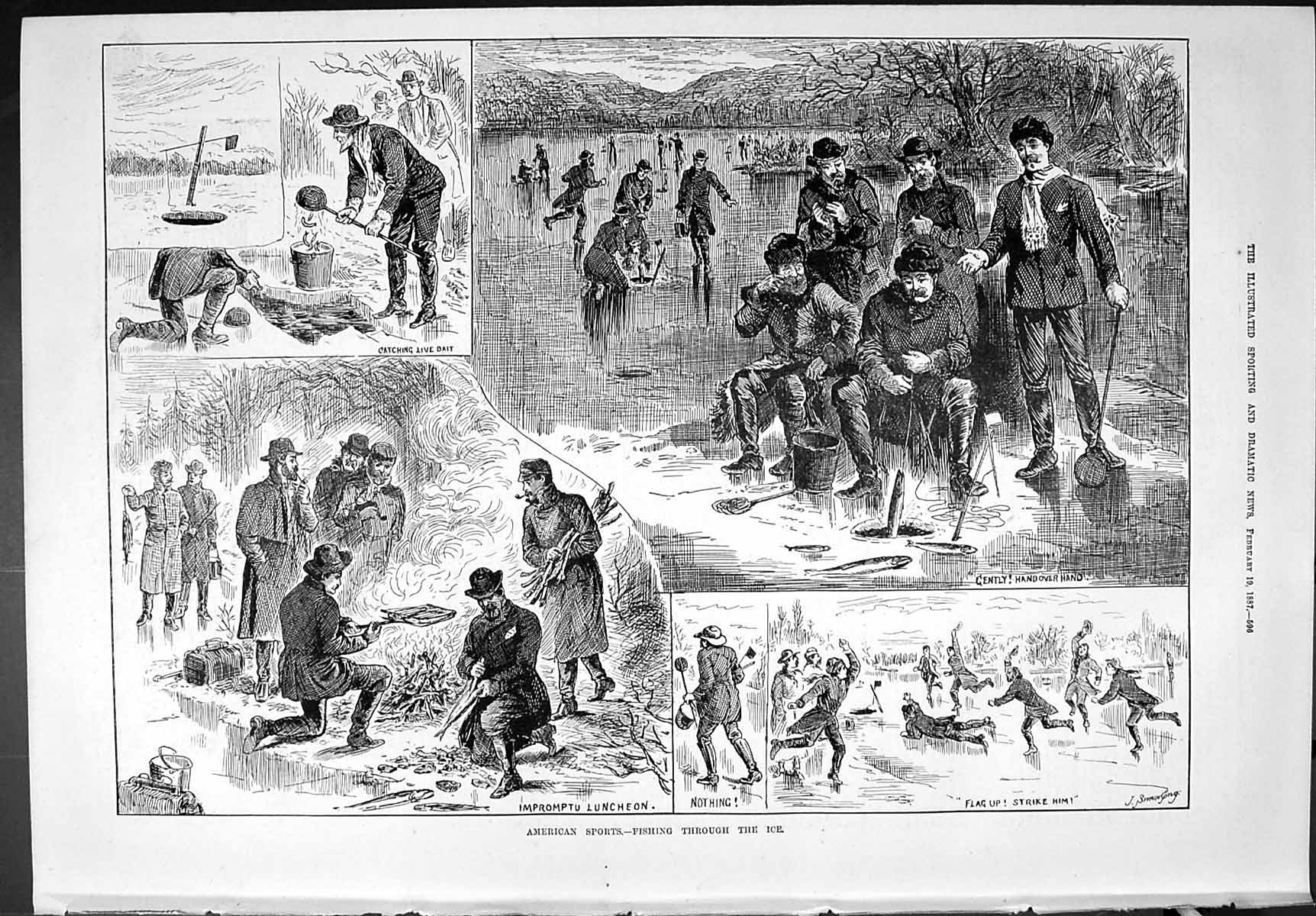 Old Sporting Dramatic News 1887 American Sport Fishing Frozen Ice Riv Victorian